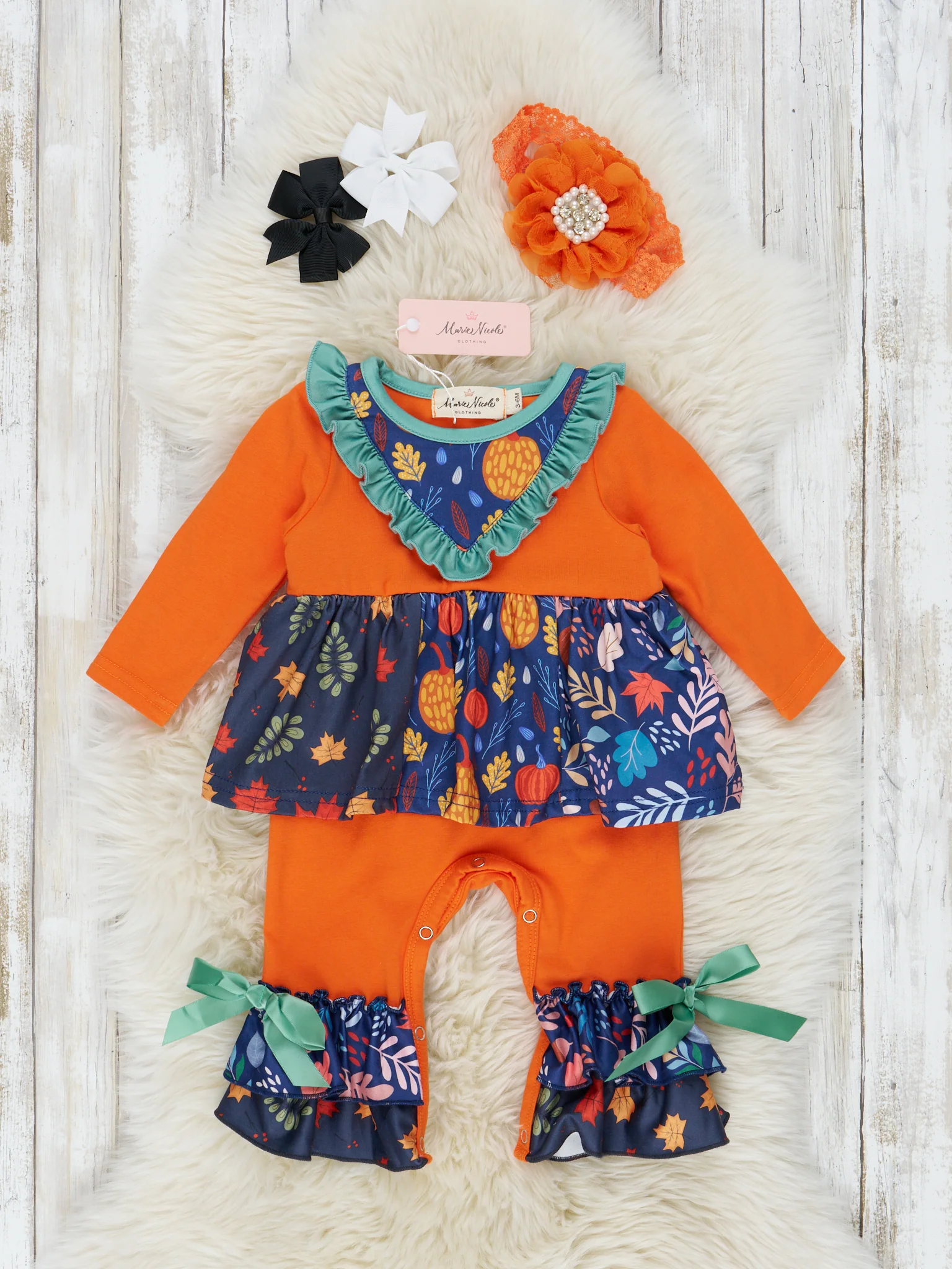 Harvest Orange Mixed Print Ruffle Romper
