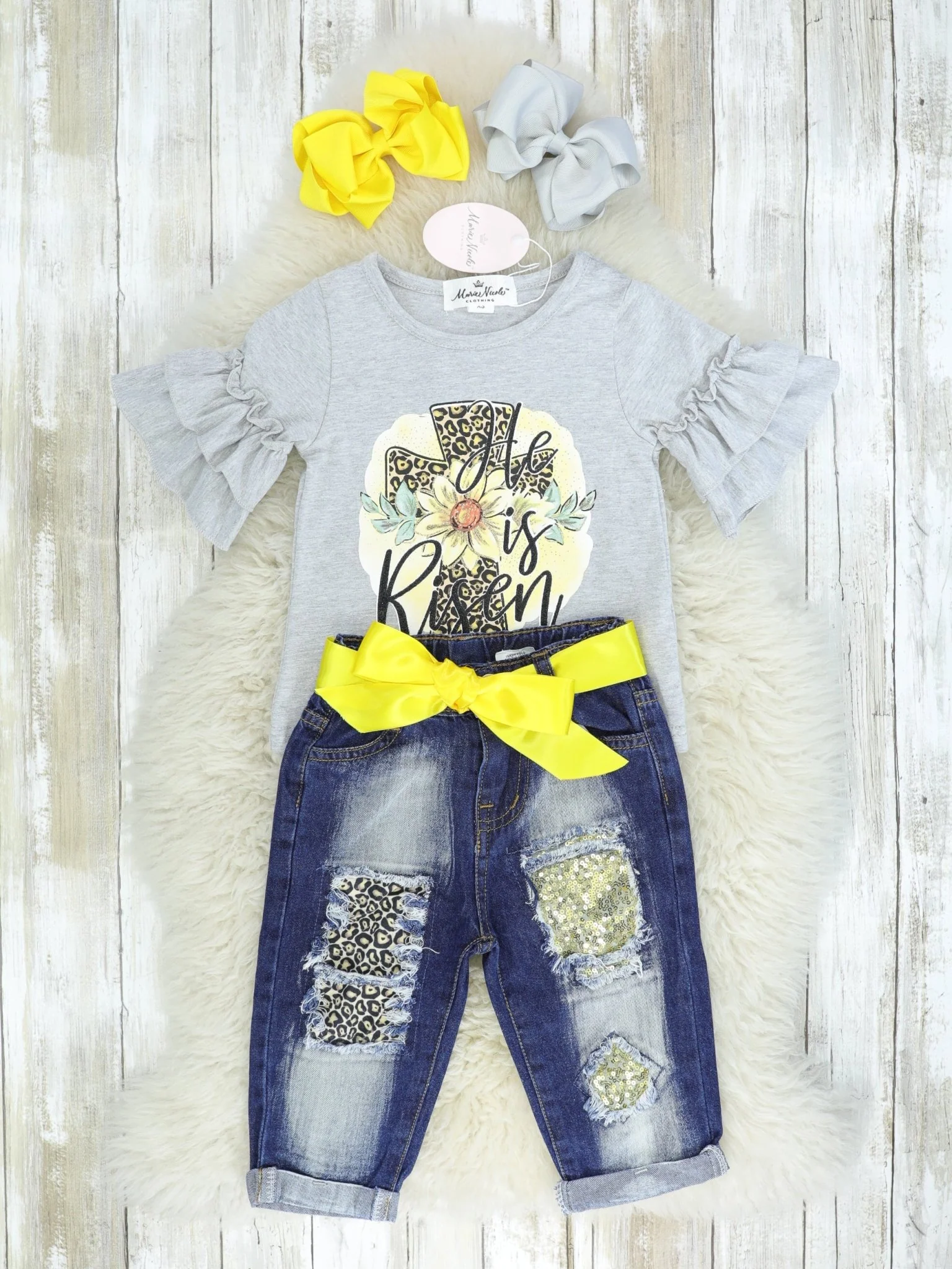"He Is Risen" Ruffle Top & Distressed Denim Outfit - Image 2