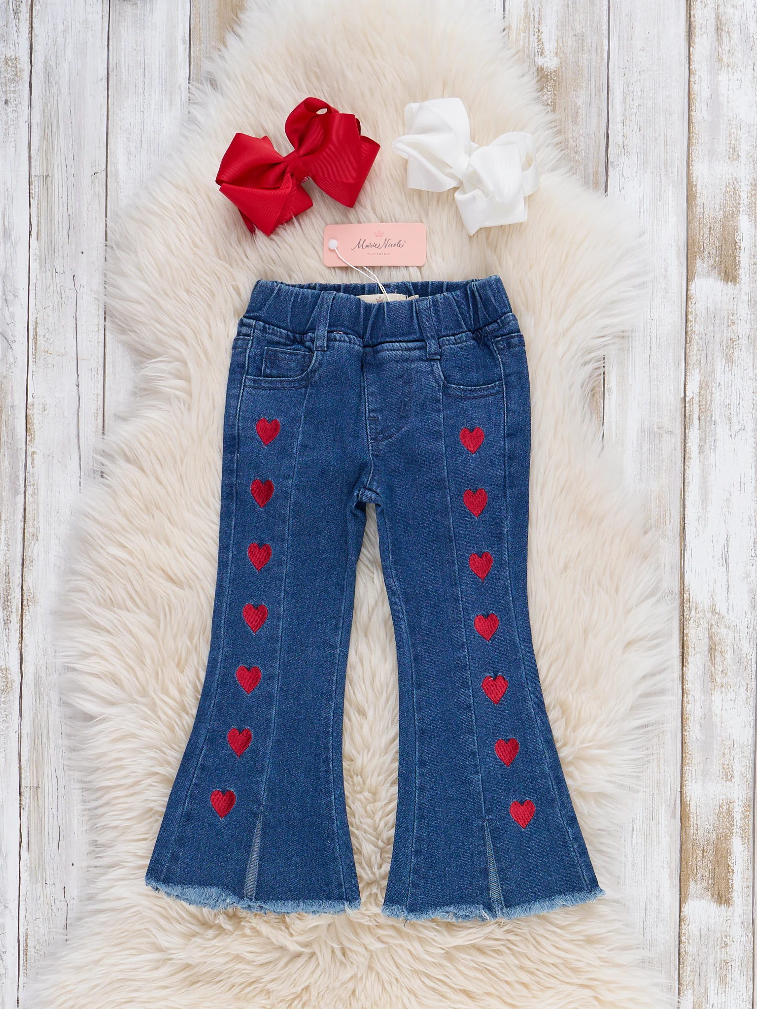 Heart Parade Embroidered Denim Bell Bottoms