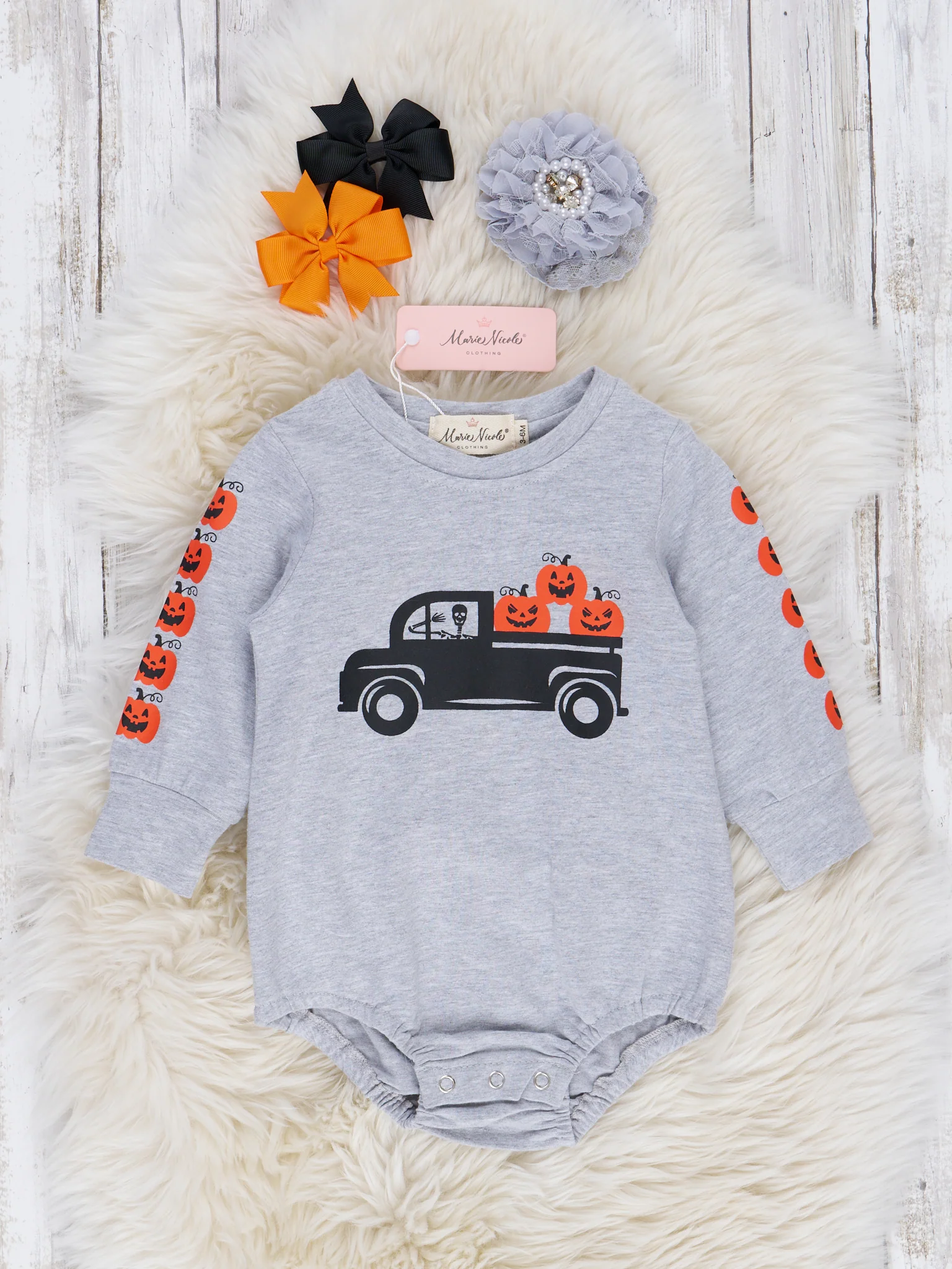 Heather Grey Jack-o-Lantern Truck Crew Neck Romper