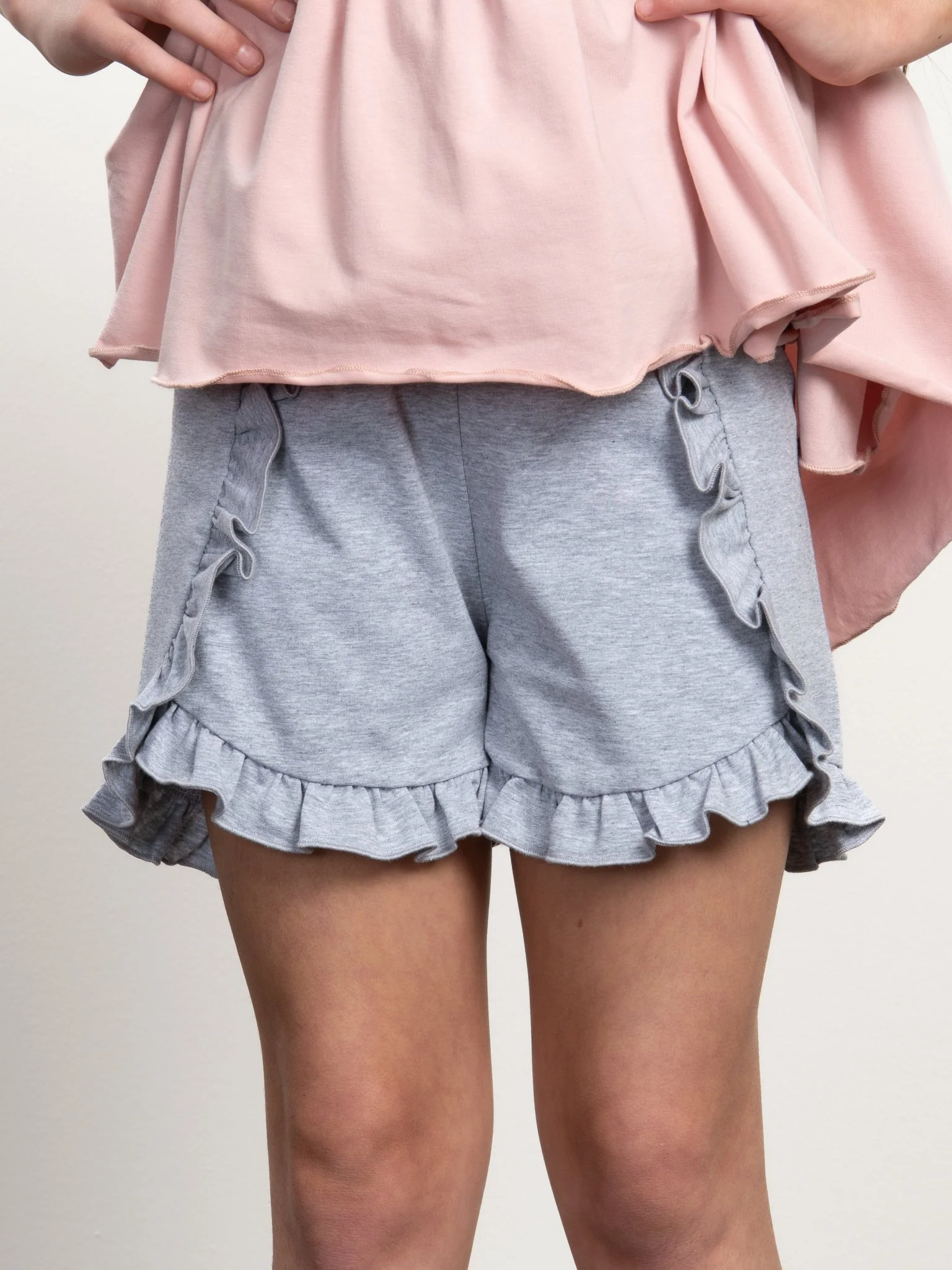 Heather Grey Ruffle Trim Cotton Shorts - Image 4