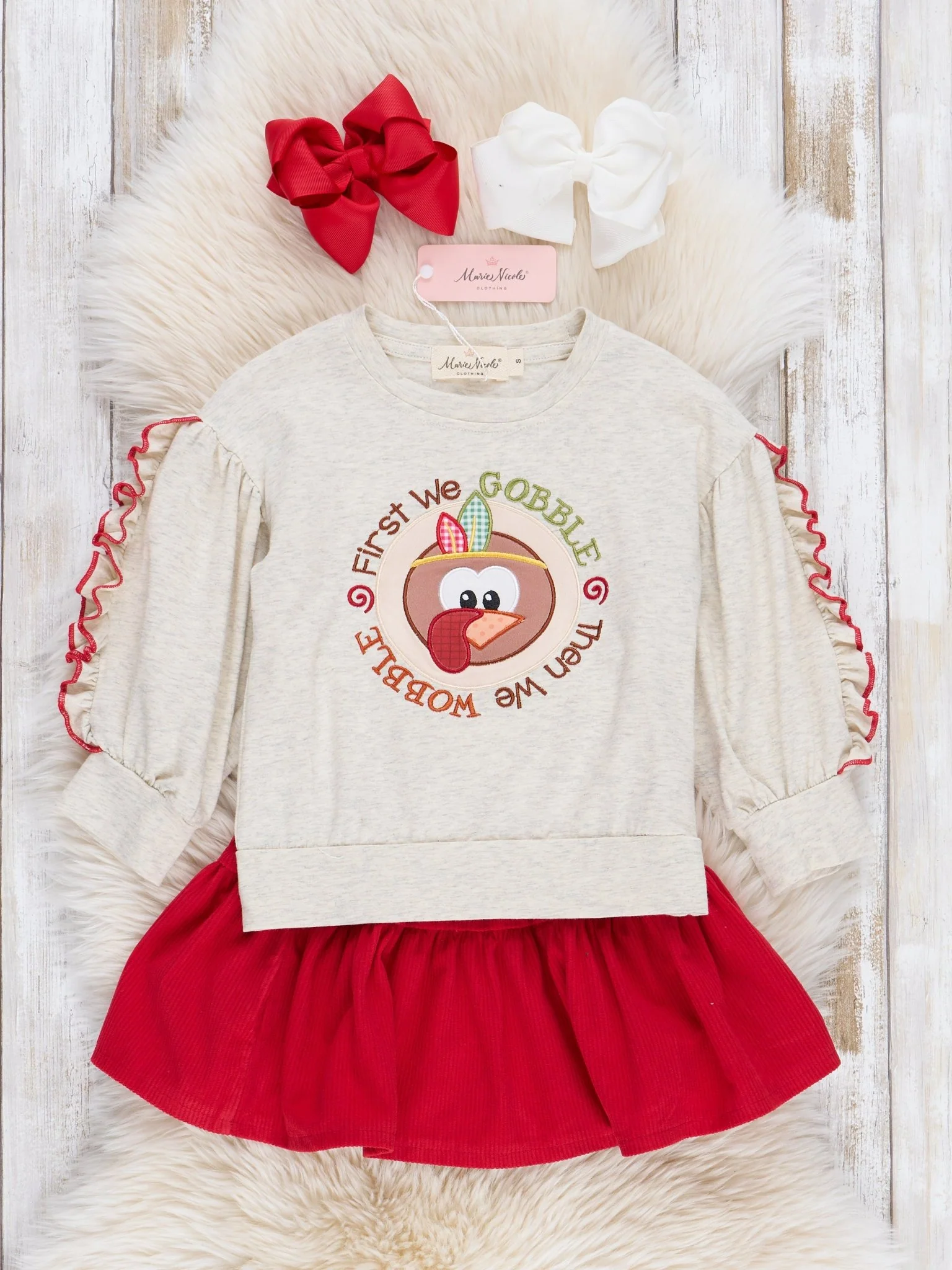 Heathered Oatmeal & Red Gobble & Wobble Outfit w/ Skirt - Image 3