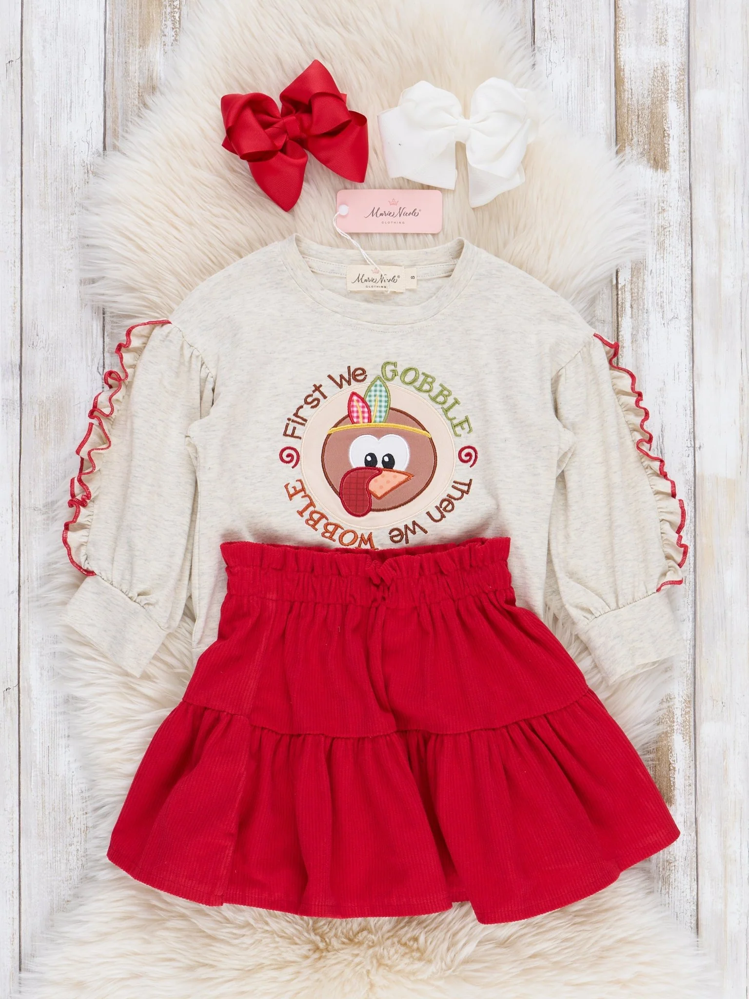 Heathered Oatmeal & Red Gobble & Wobble Outfit w/ Skirt - Image 4