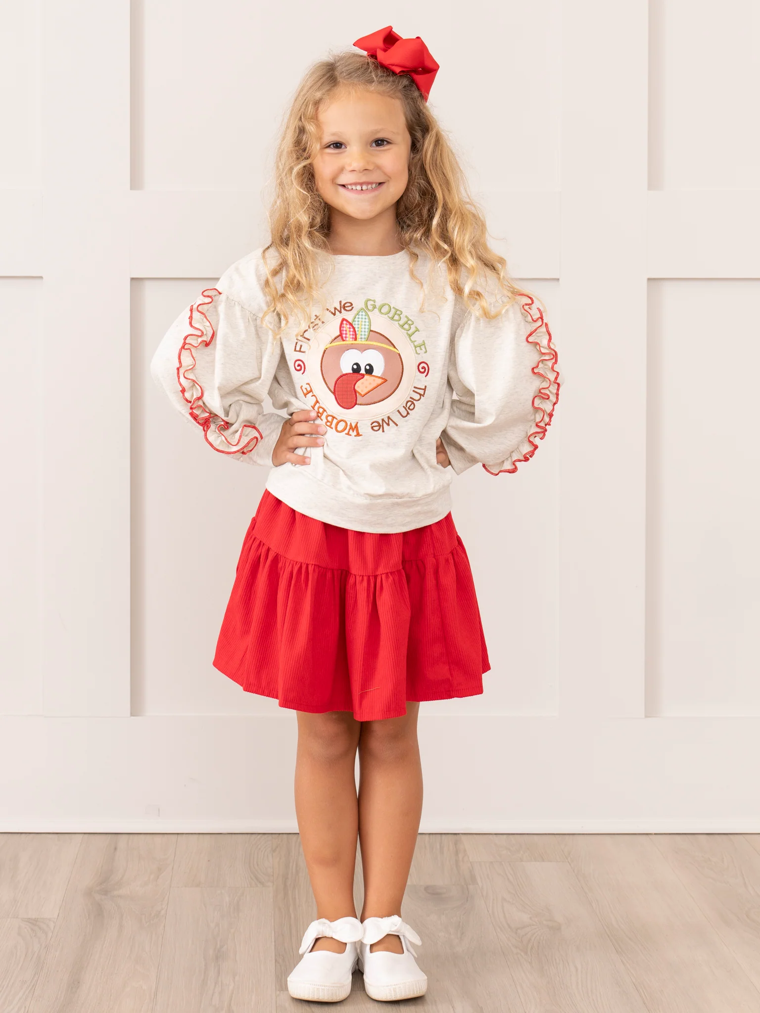 Heathered Oatmeal & Red Gobble & Wobble Outfit w/ Skirt - Image 5