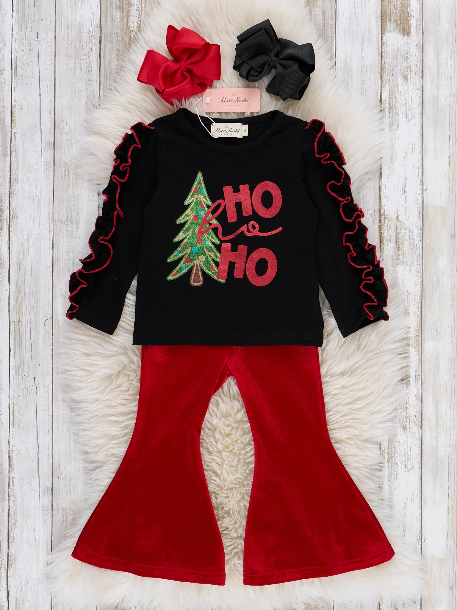 "Ho Ho Ho" Glitter Ruffle Bell Bottom Outfit