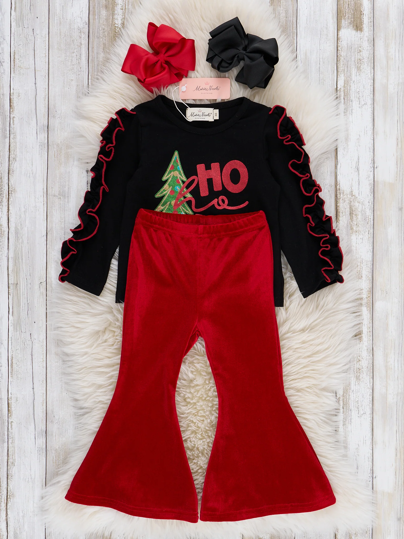 "Ho Ho Ho" Glitter Ruffle Bell Bottom Outfit - Image 2