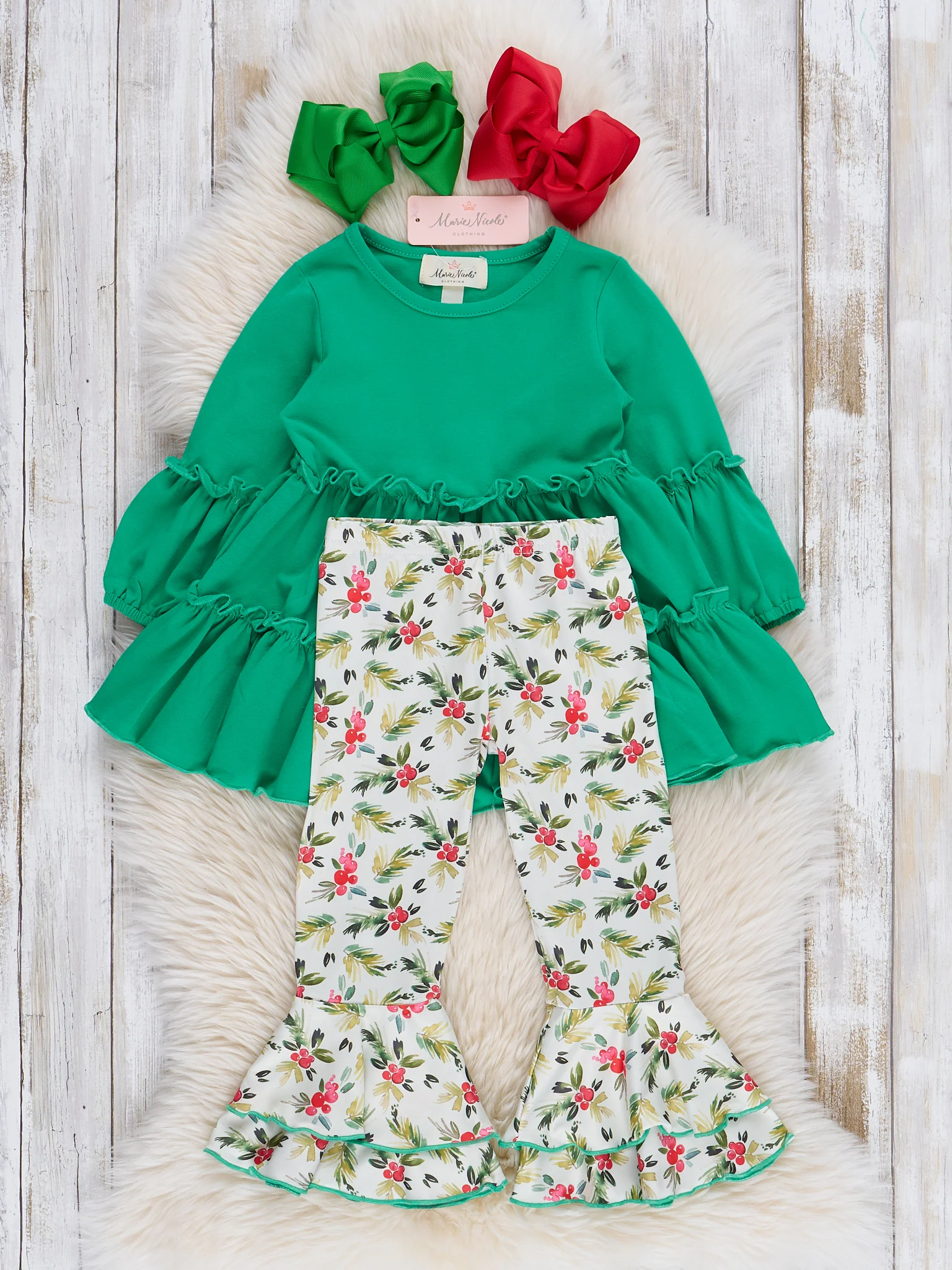 Green Holiday Berries Ruffle Bell Bottom Outfit - Image 3