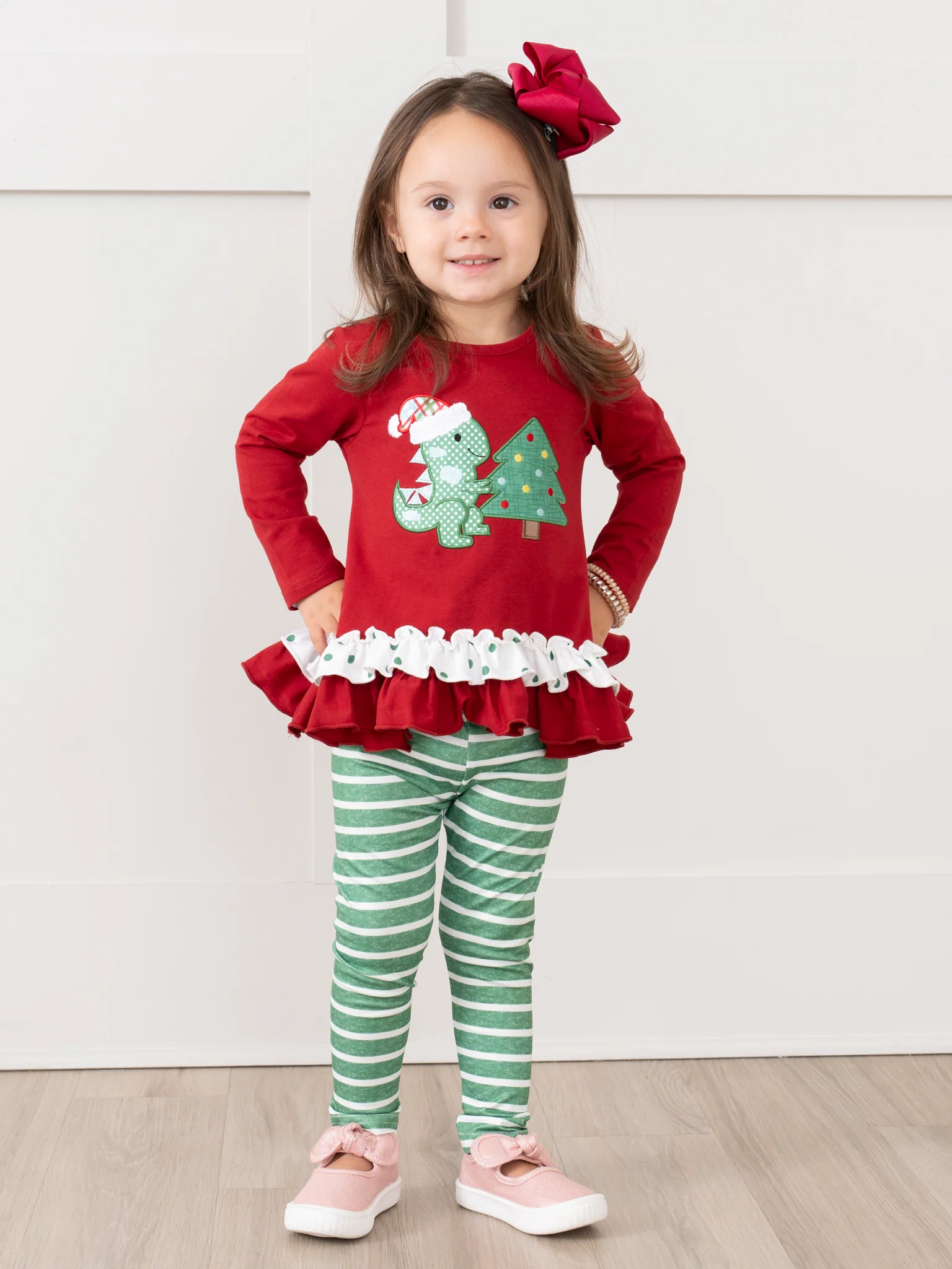 Holiday Dino Striped Ruffle Outfit