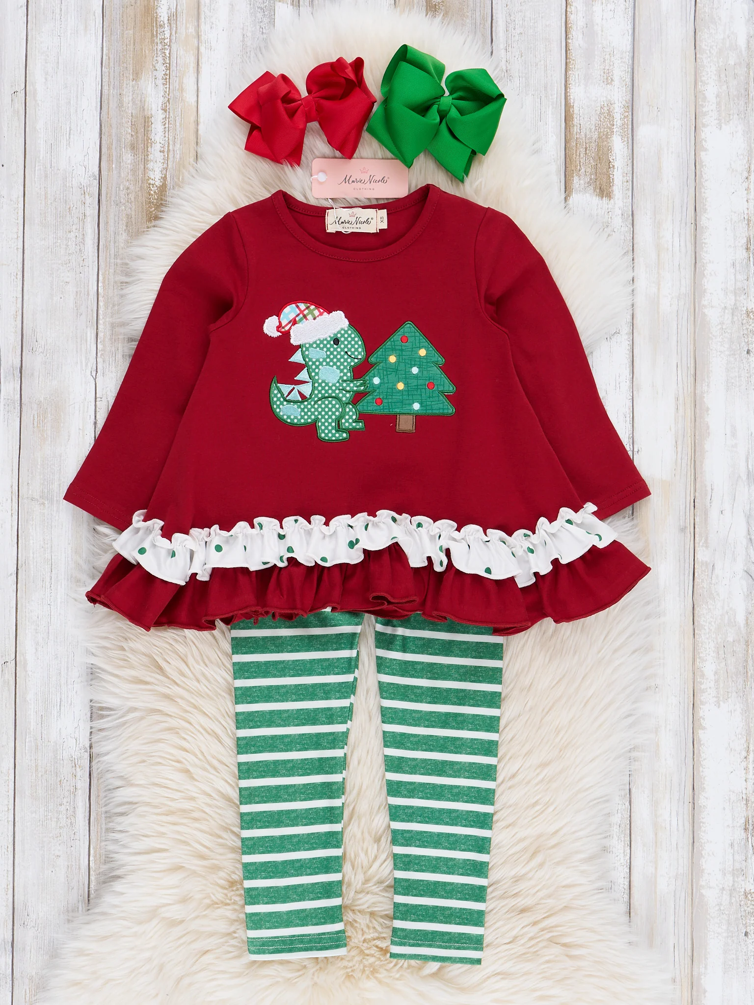 Holiday Dino Striped Ruffle Outfit - Image 2