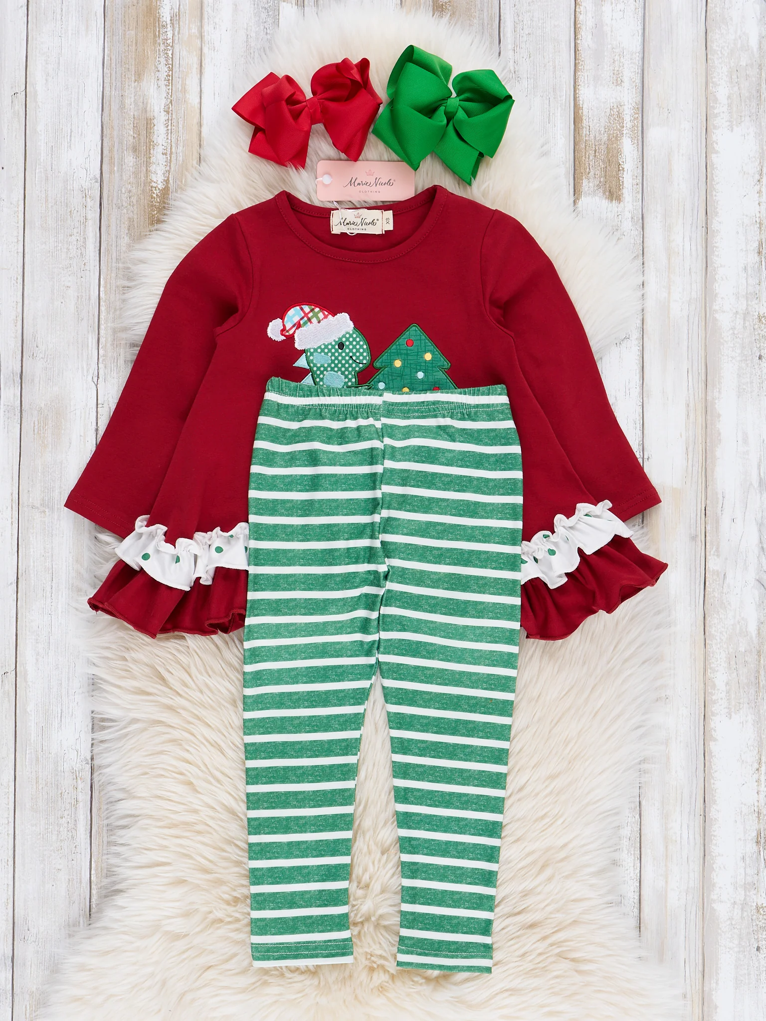 Holiday Dino Striped Ruffle Outfit - Image 3