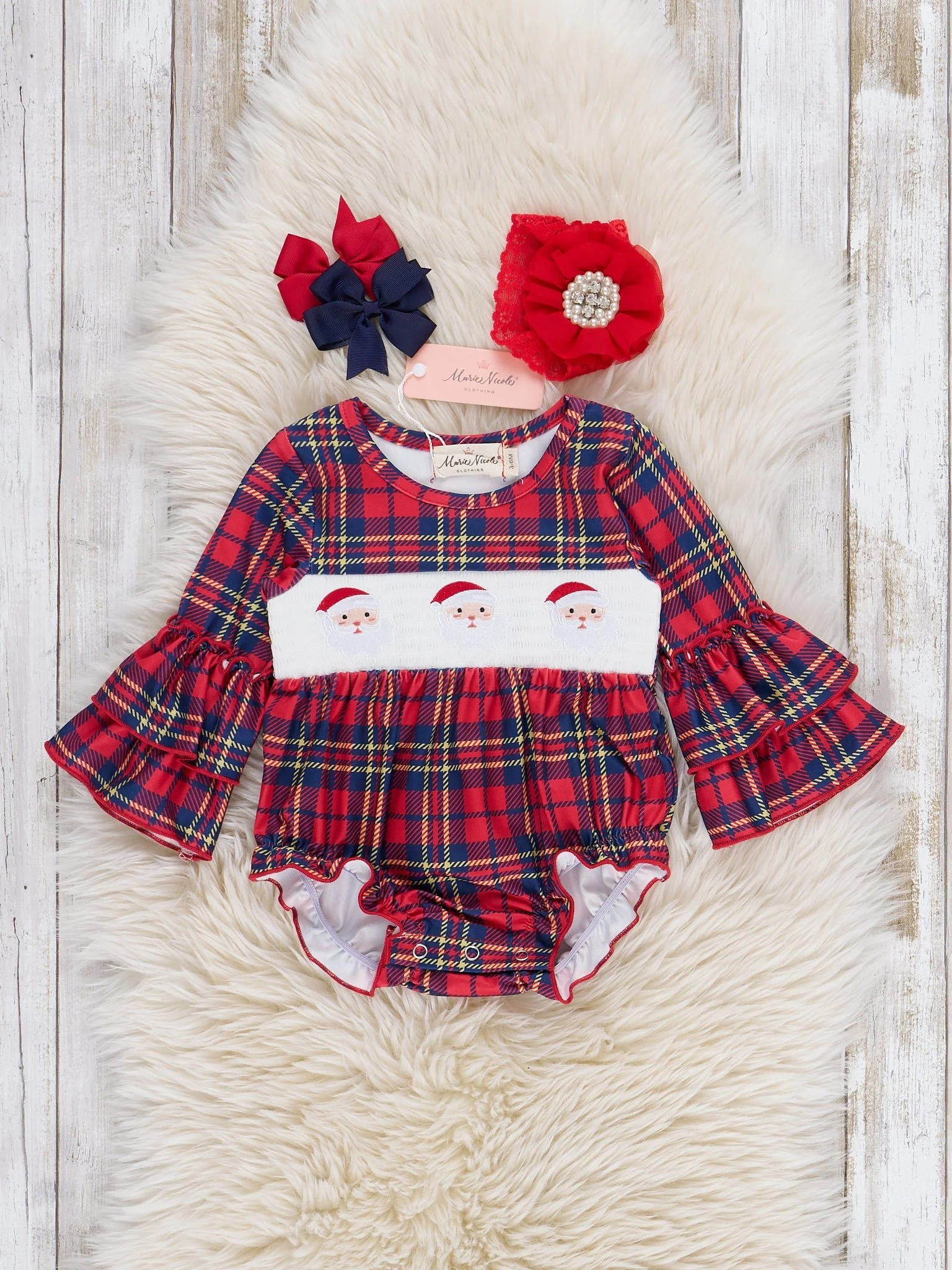 Holiday Plaid Smocked Santa Bubble Romper