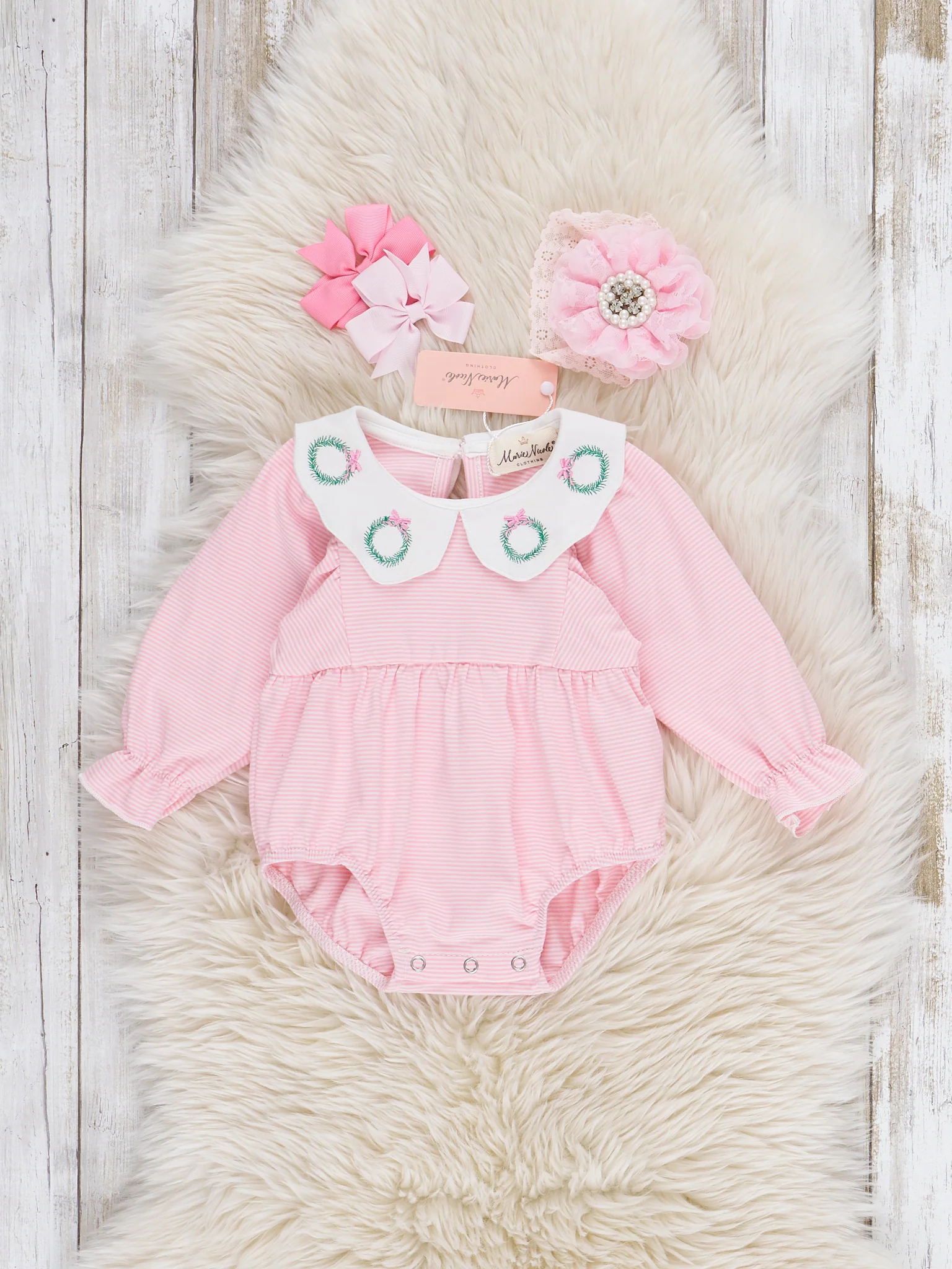 Holiday Wreath Scallop Collar Bubble Romper