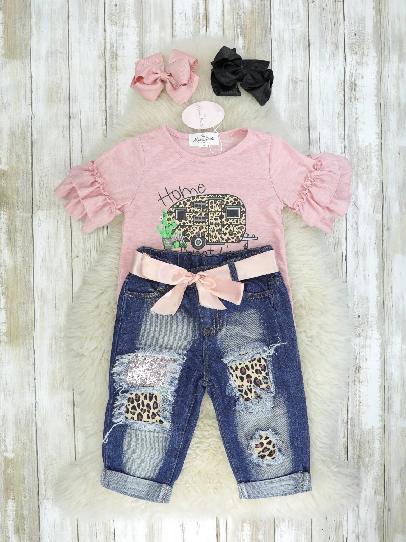 "Home Sweet Home" Ruffle Top & Distressed Denim Outfit - Image 2