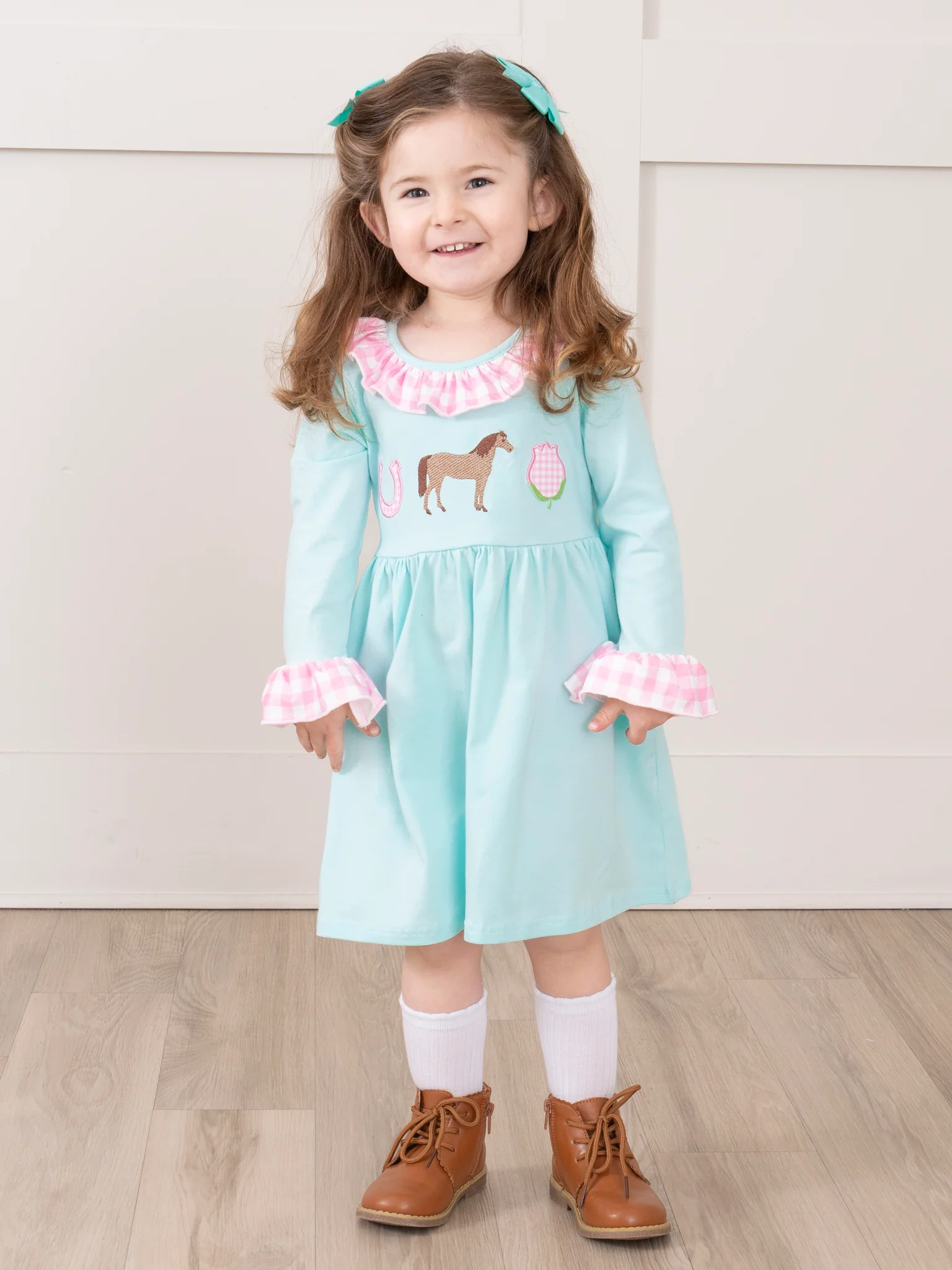 Horsing Around Embroidered Gingham Ruffle Dress