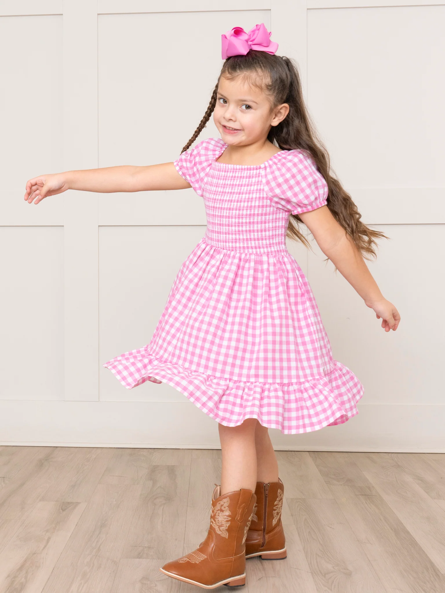 Hot Pink Gingham Smocked Ruffle Dress - Image 3