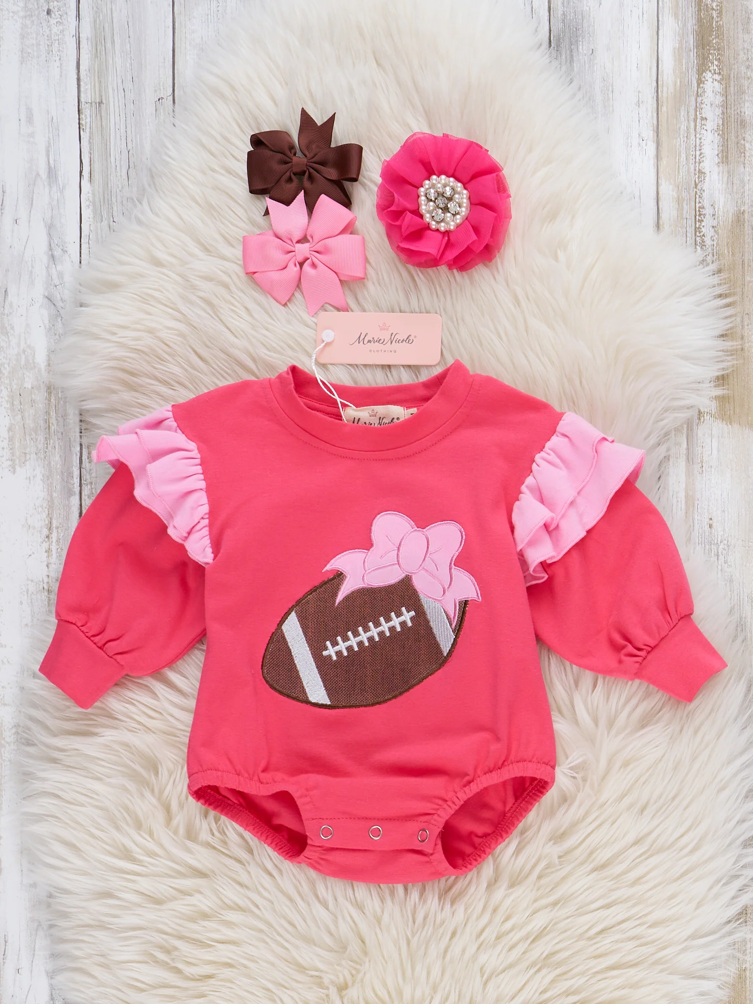 Hot Pink Touchdown Embroidered Ruffle Bubble Romper - Image 2