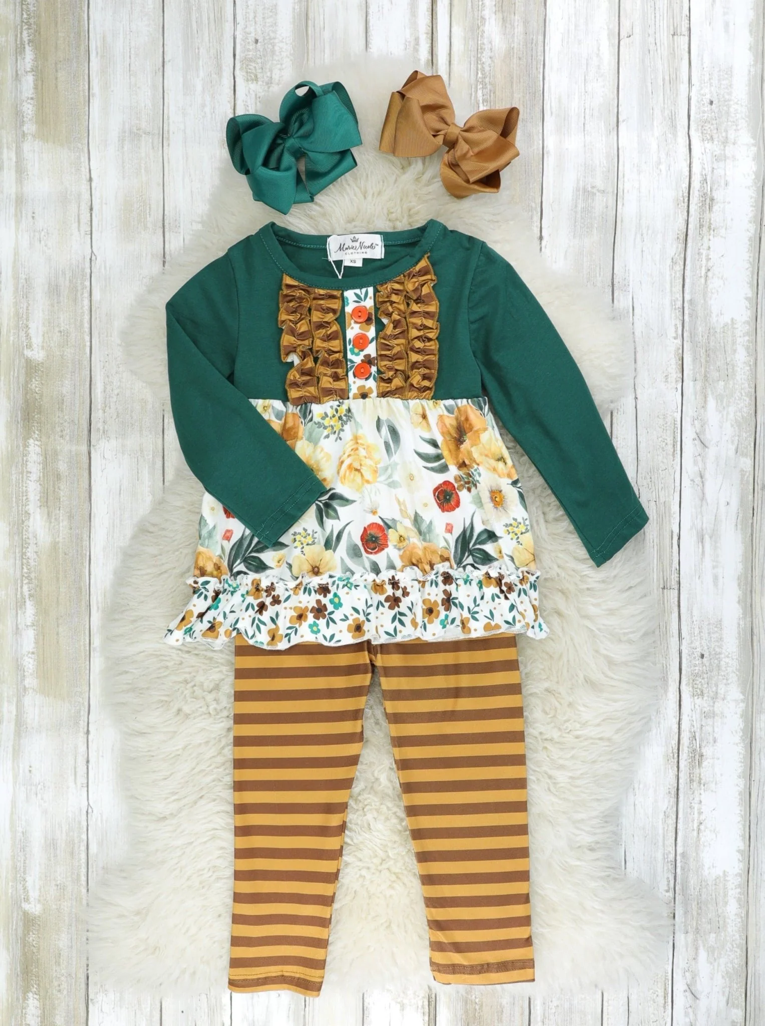 Hunter Green & Brown Floral Ruffle Outfit