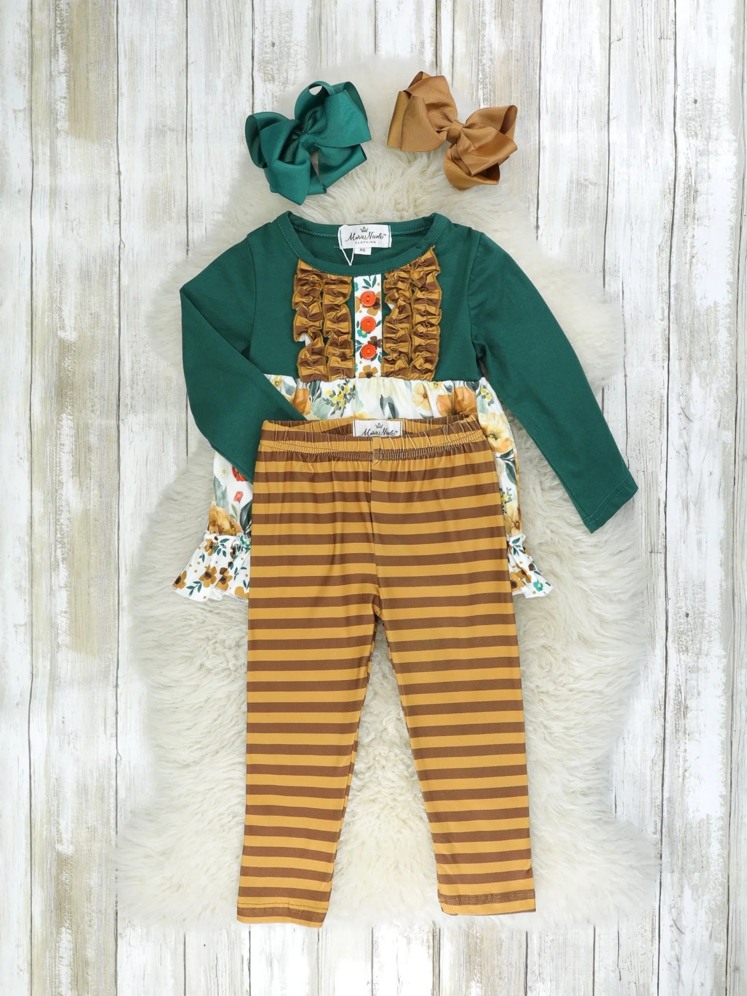 Hunter Green & Brown Floral Ruffle Outfit - Image 2