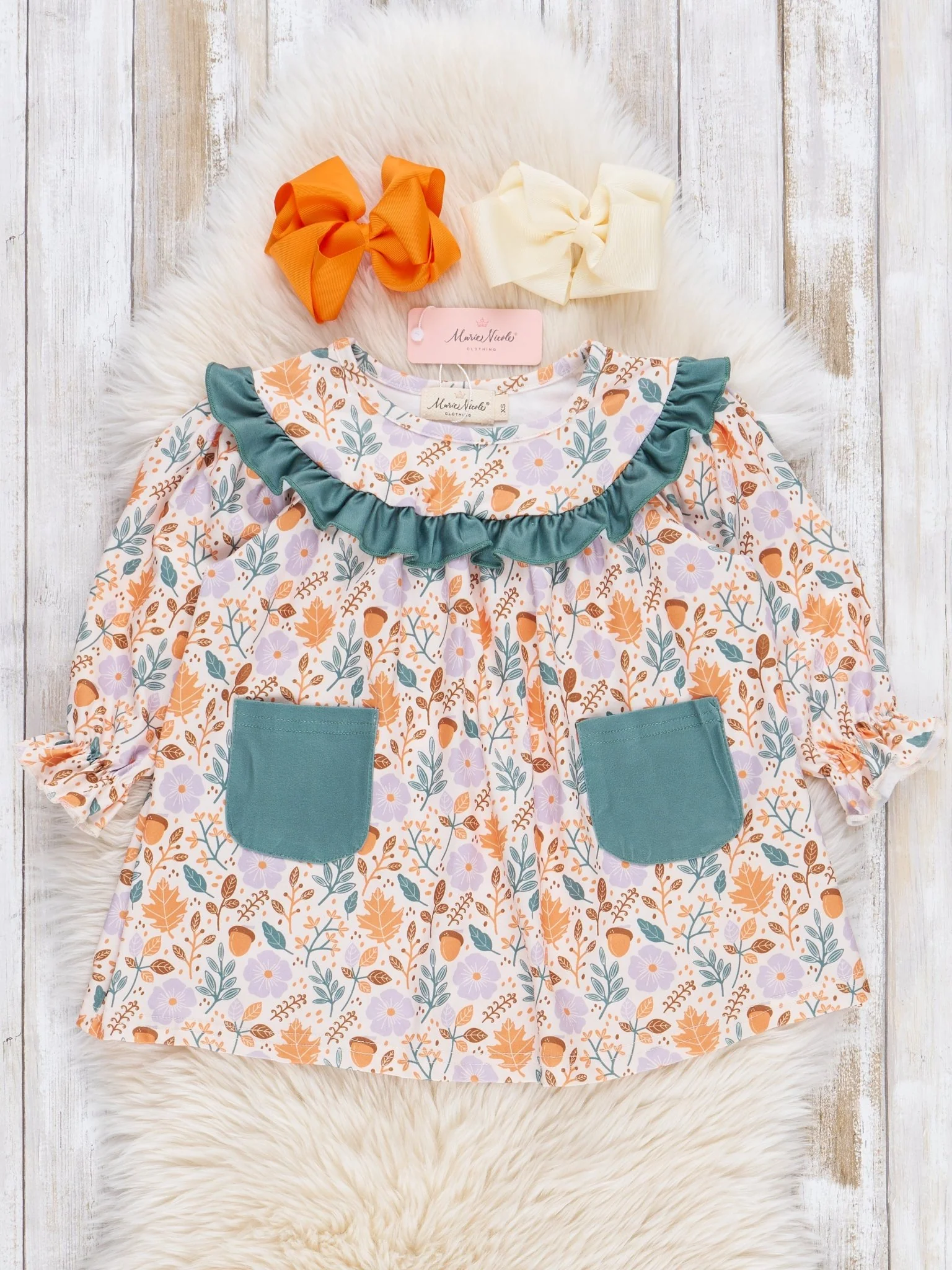 Hunter Green Dainty Autumn Blooms Ruffle Dress