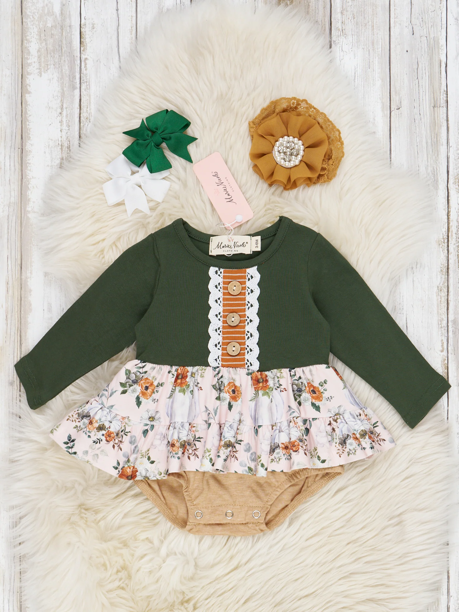 Hunter Green Fall Floral Ruffle Romper