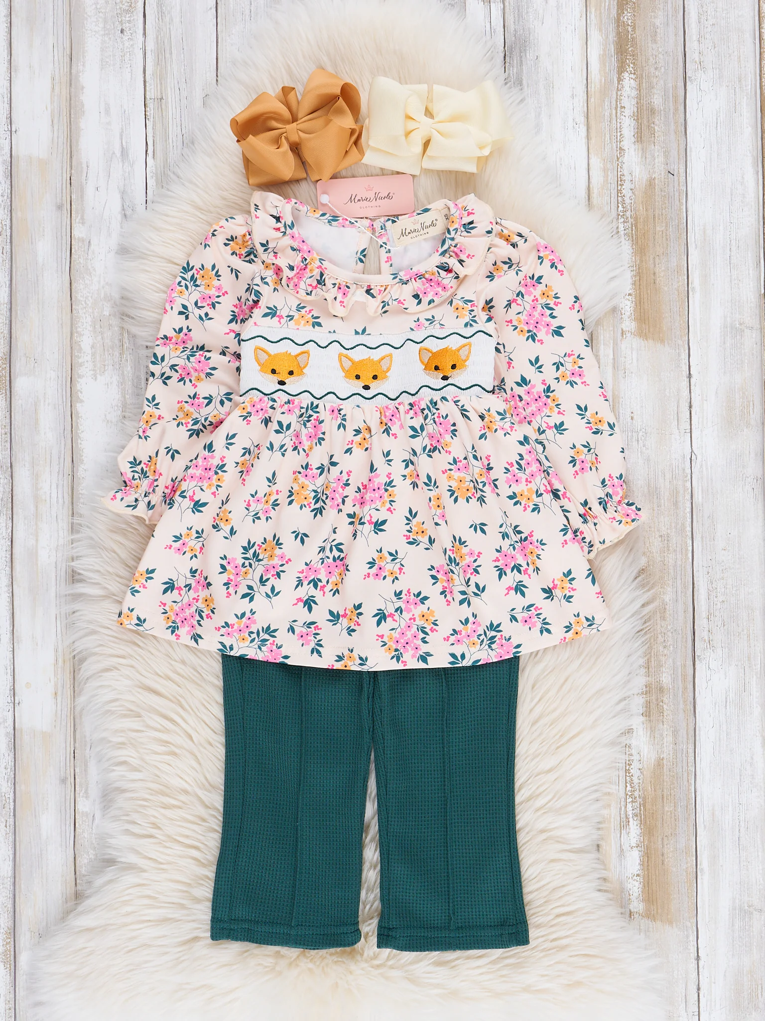 Hunter Green Floral Smocked Little Fox Outfit
