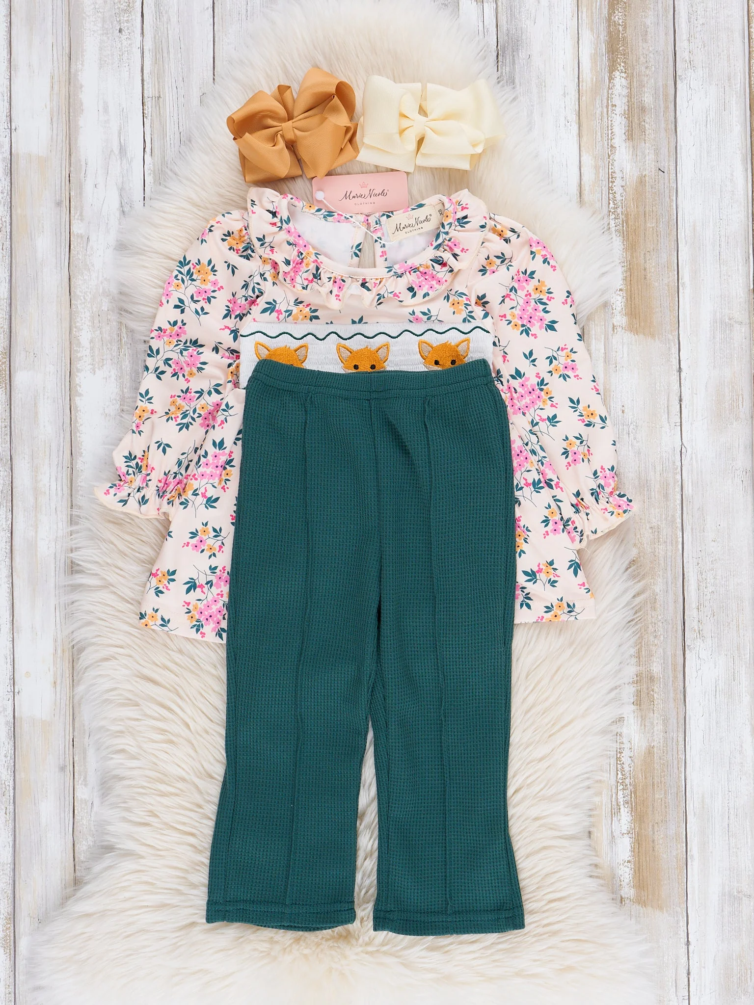Hunter Green Floral Smocked Little Fox Outfit - Image 2