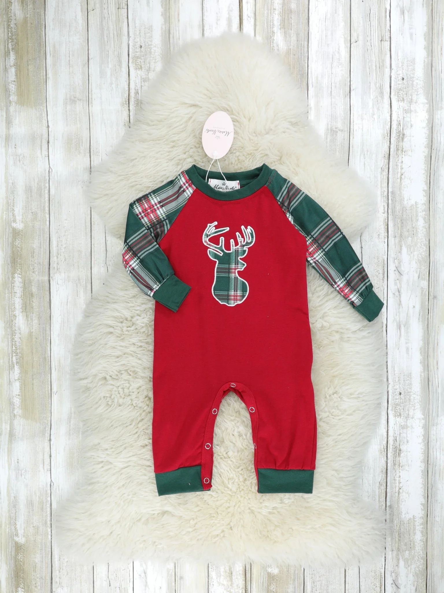 Hunter Green Plaid Reindeer Raglan Romper