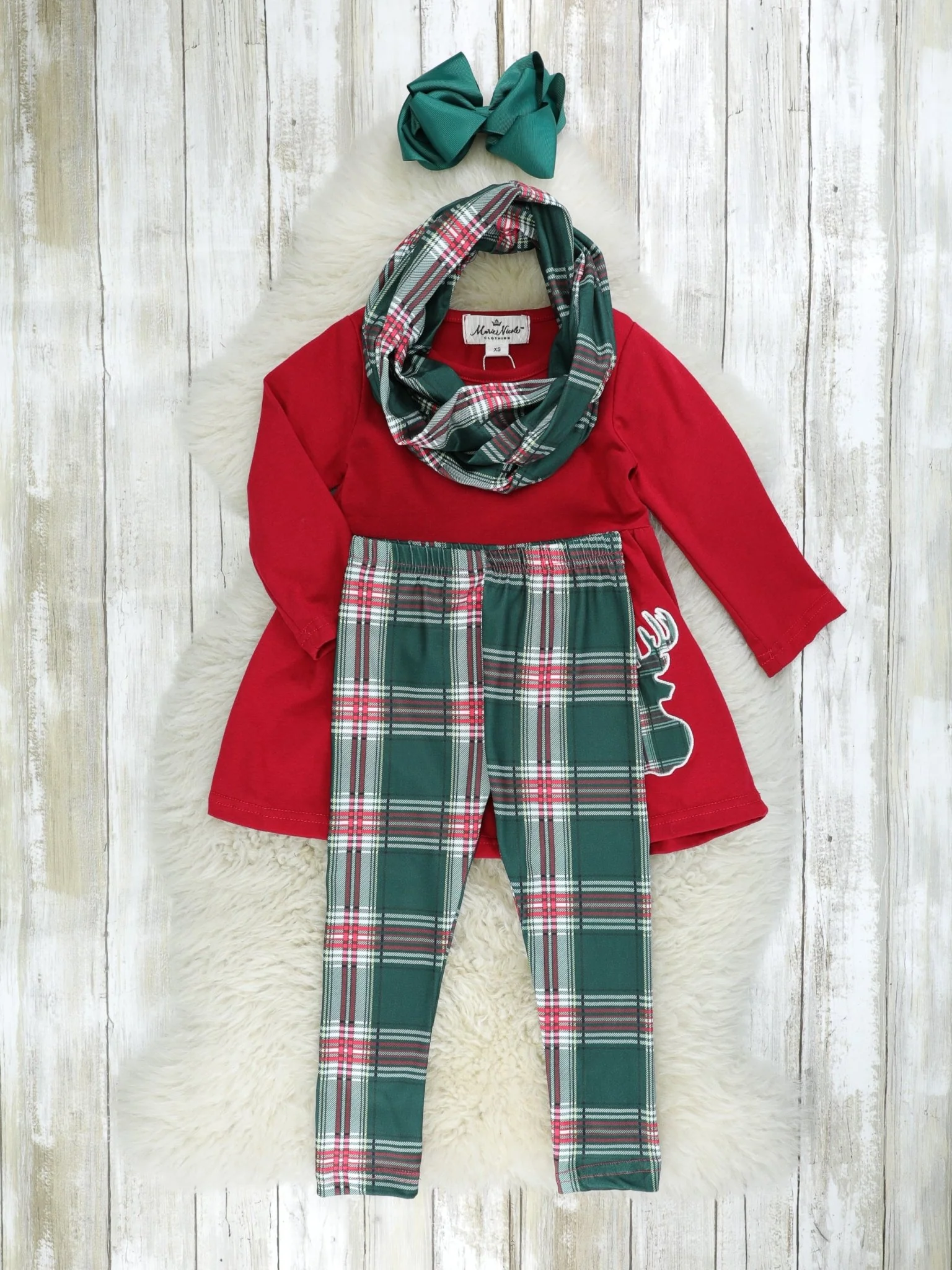 Hunter Green Plaid Reindeer 3-Piece Outfit - Image 2