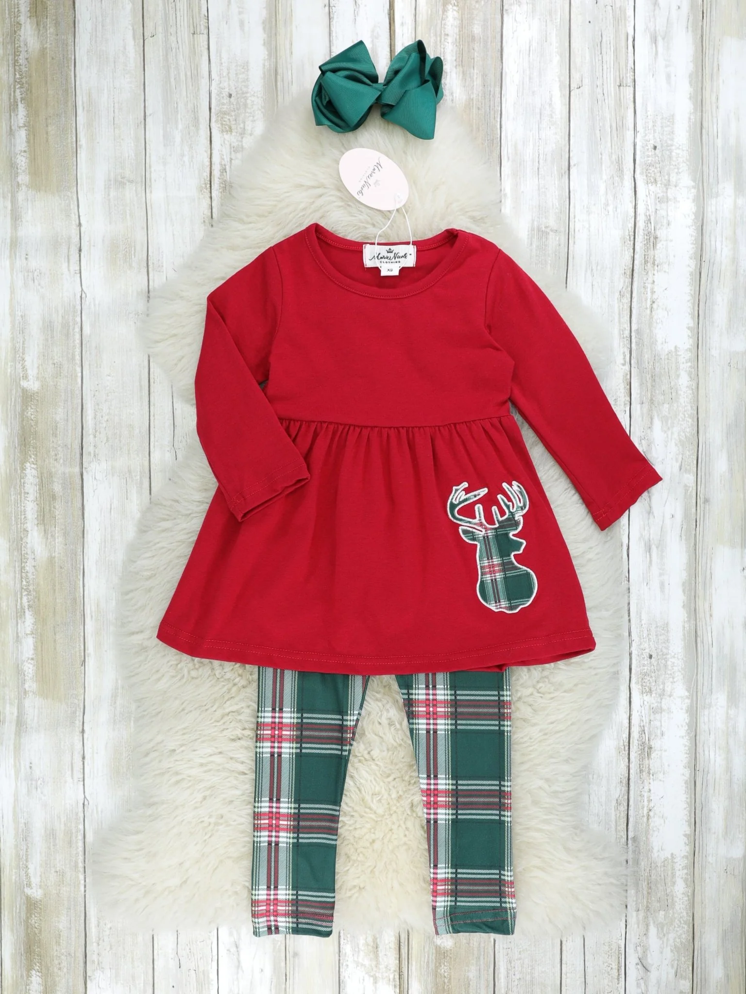Hunter Green Plaid Reindeer 3-Piece Outfit - Image 3