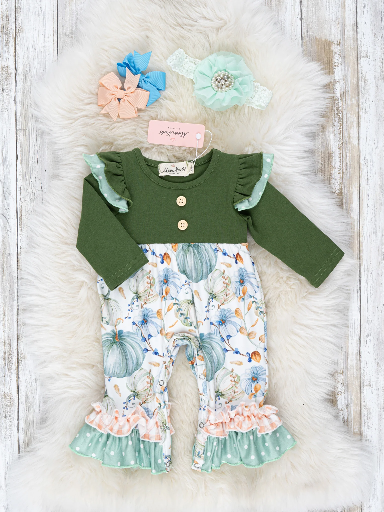 Hunter Green Pumpkins Ruffle Romper