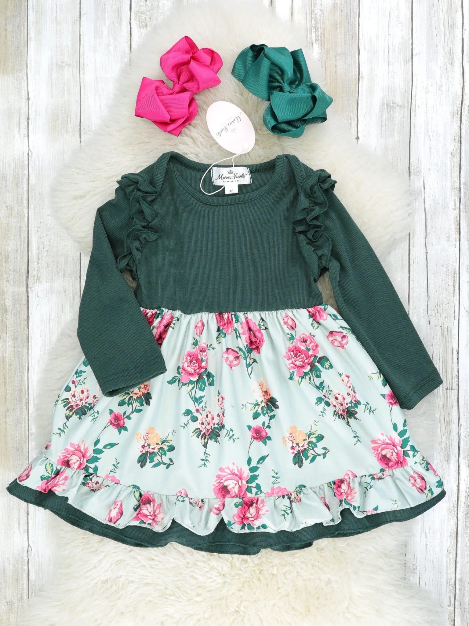 Hunter Green Rose Ruffle Dress