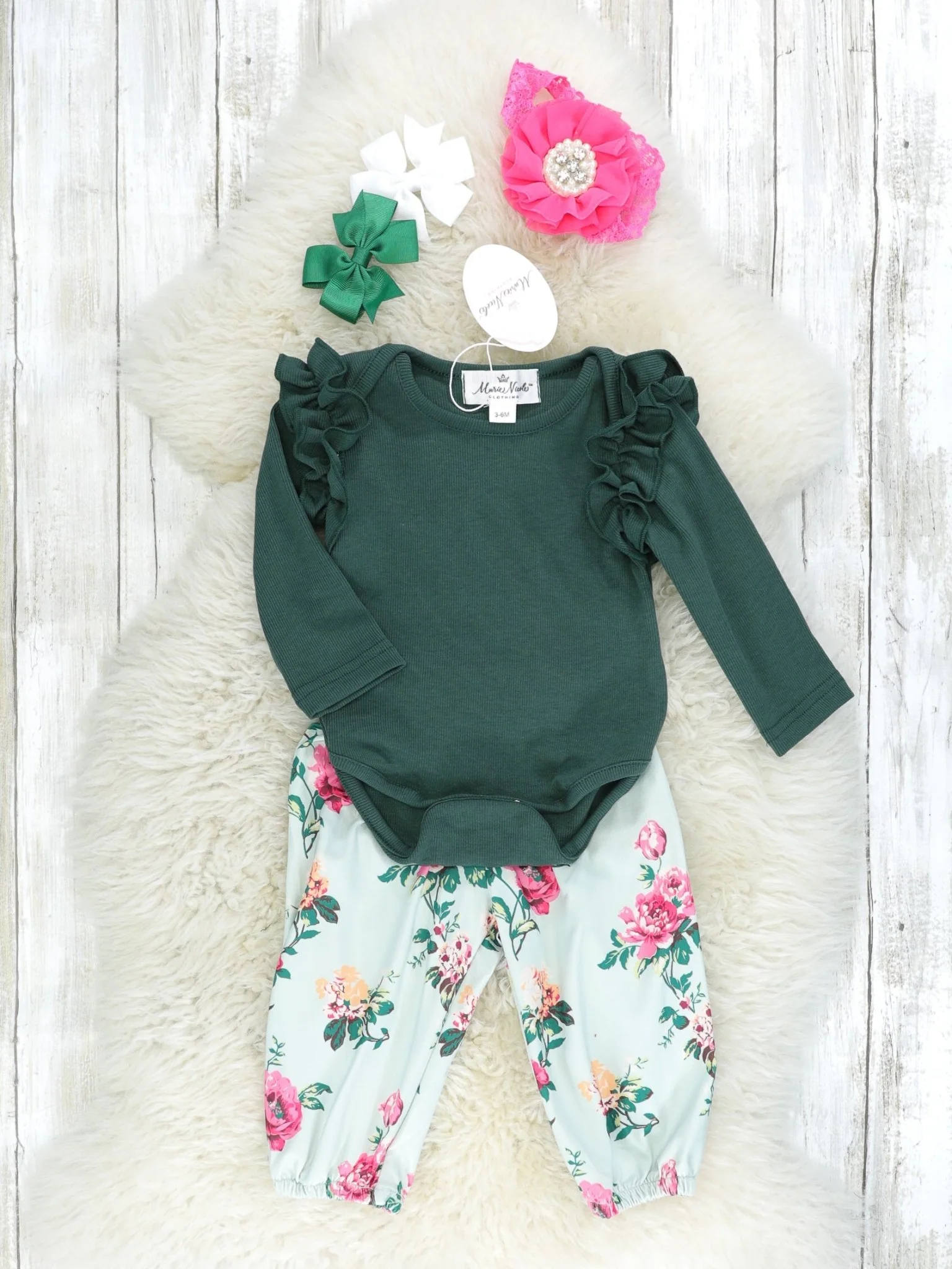 Hunter Green Rose Ruffle Onesie & Jogger Set