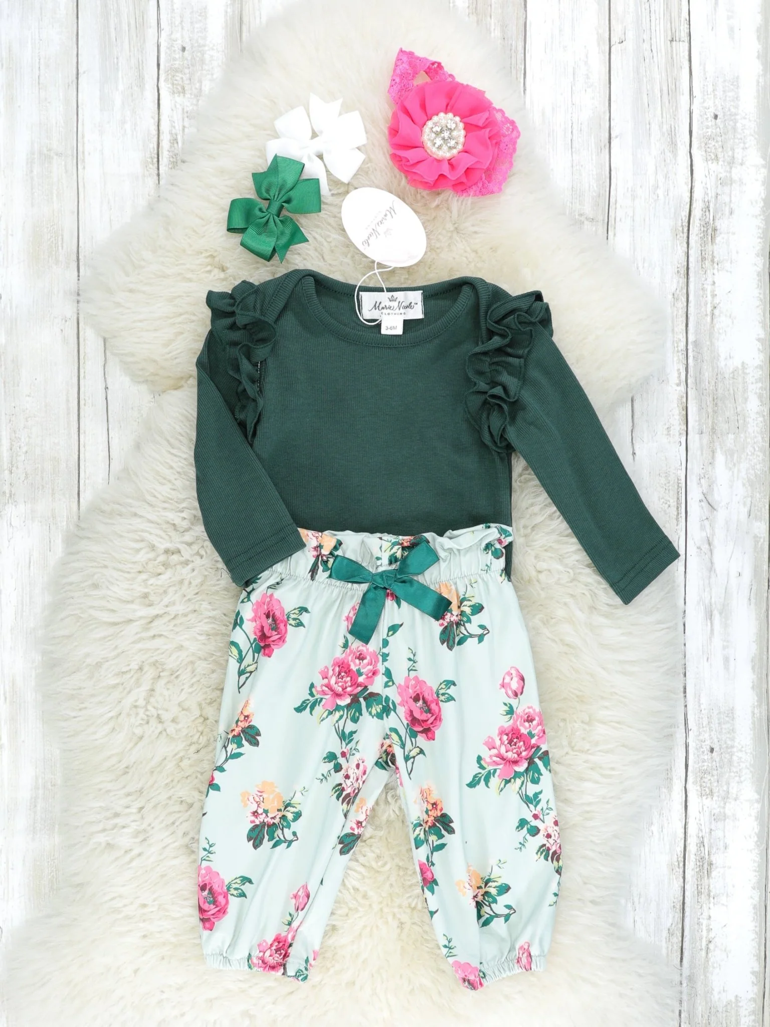 Hunter Green Rose Ruffle Onesie & Jogger Set - Image 2