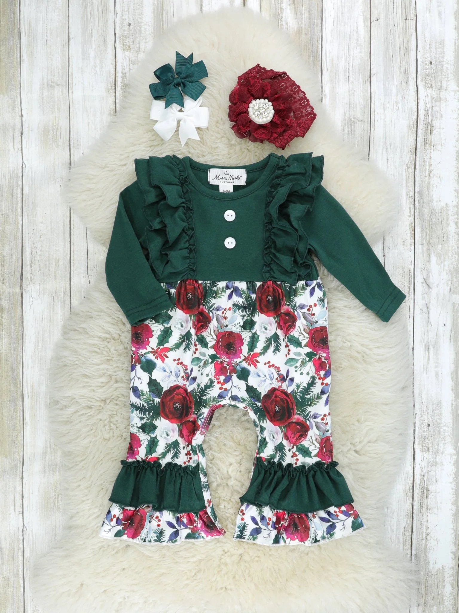 Hunter Green Rose Ruffle Romper