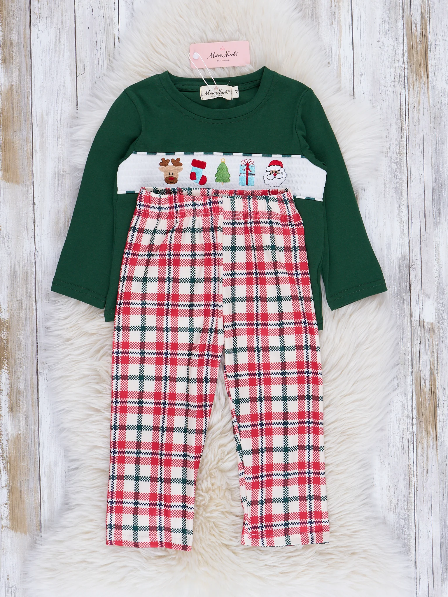 Hunter Green Smocked Holiday Plaid Outfit - Image 3