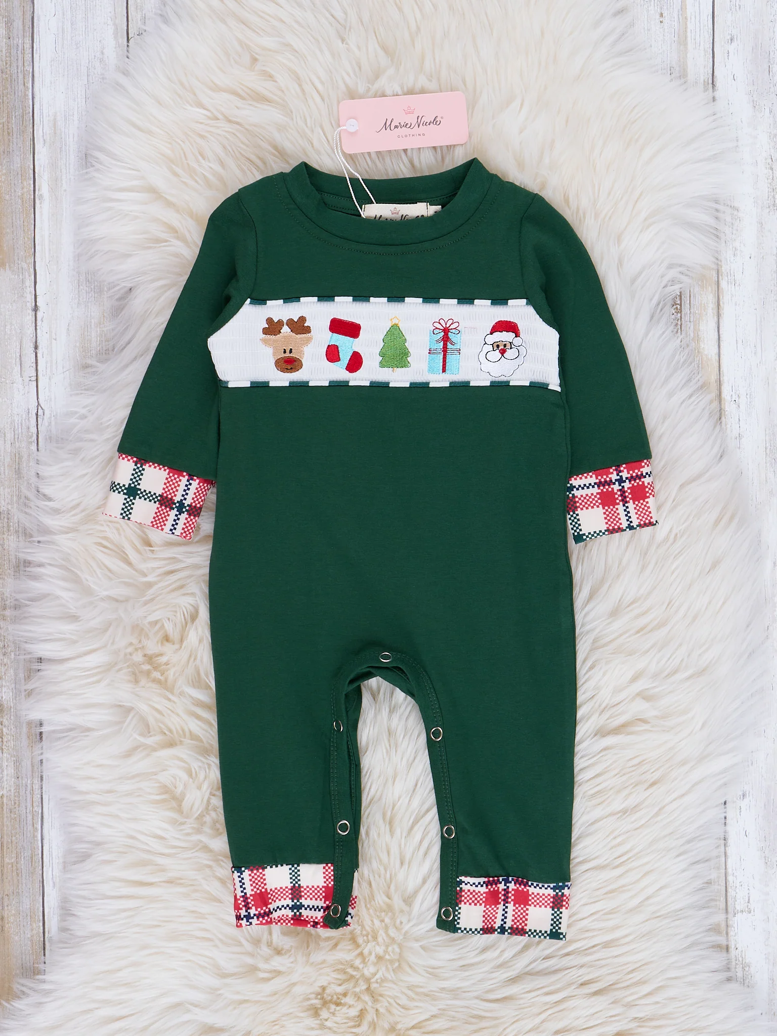Hunter Green Smocked Holiday Plaid Romper