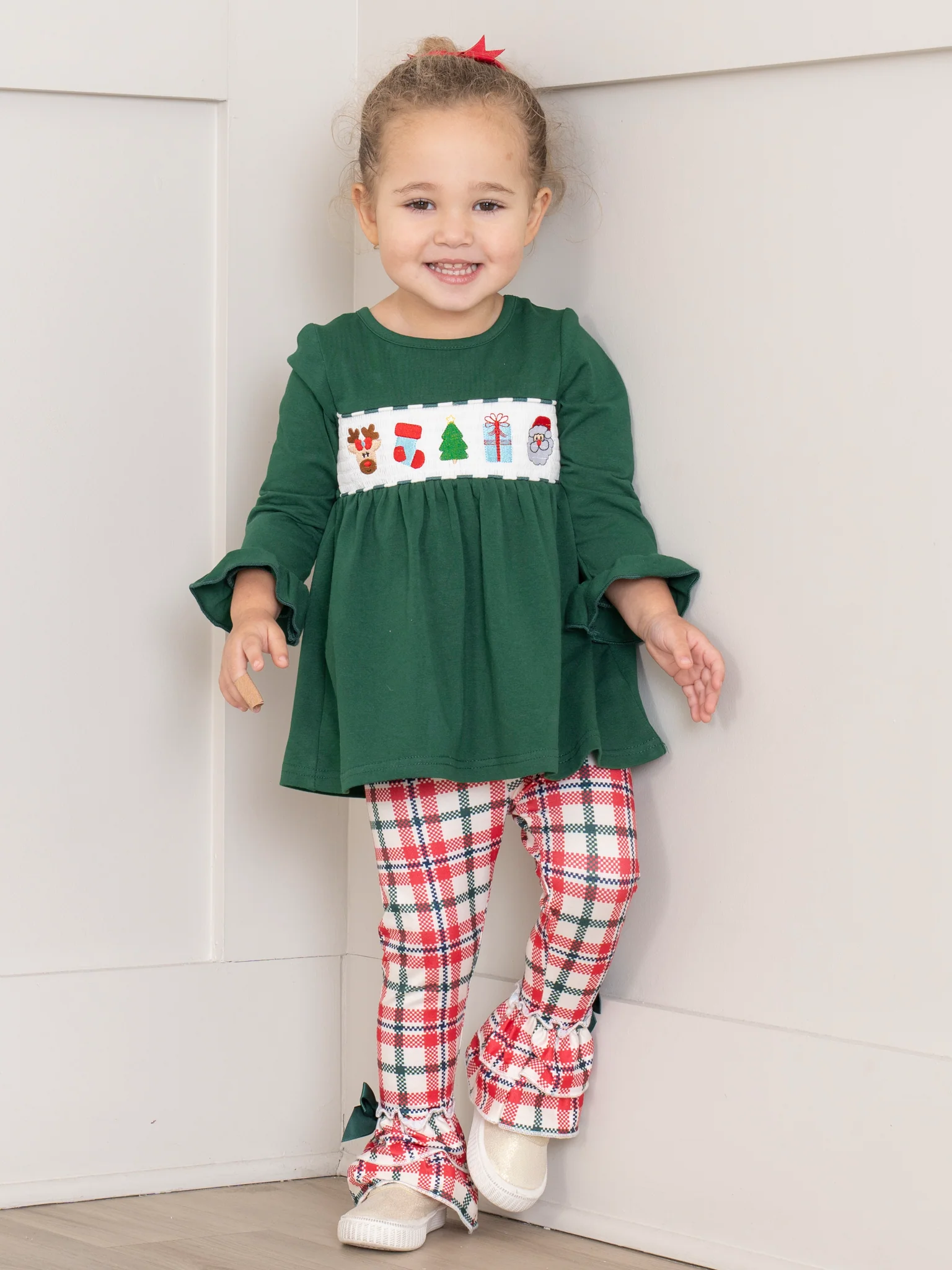 Hunter Green Smocked Holiday Plaid Ruffle Outfit