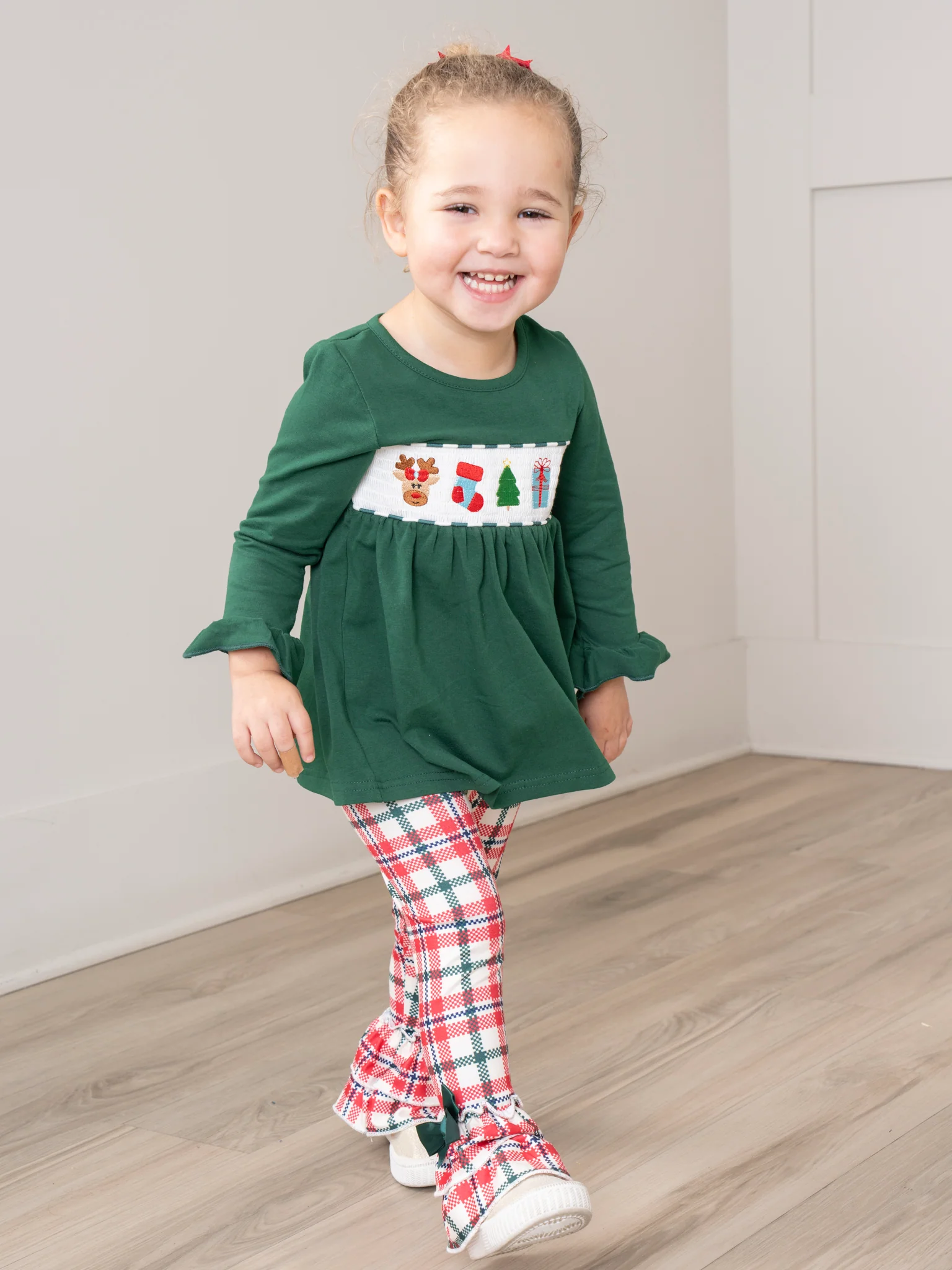 Hunter Green Smocked Holiday Plaid Ruffle Outfit - Image 6