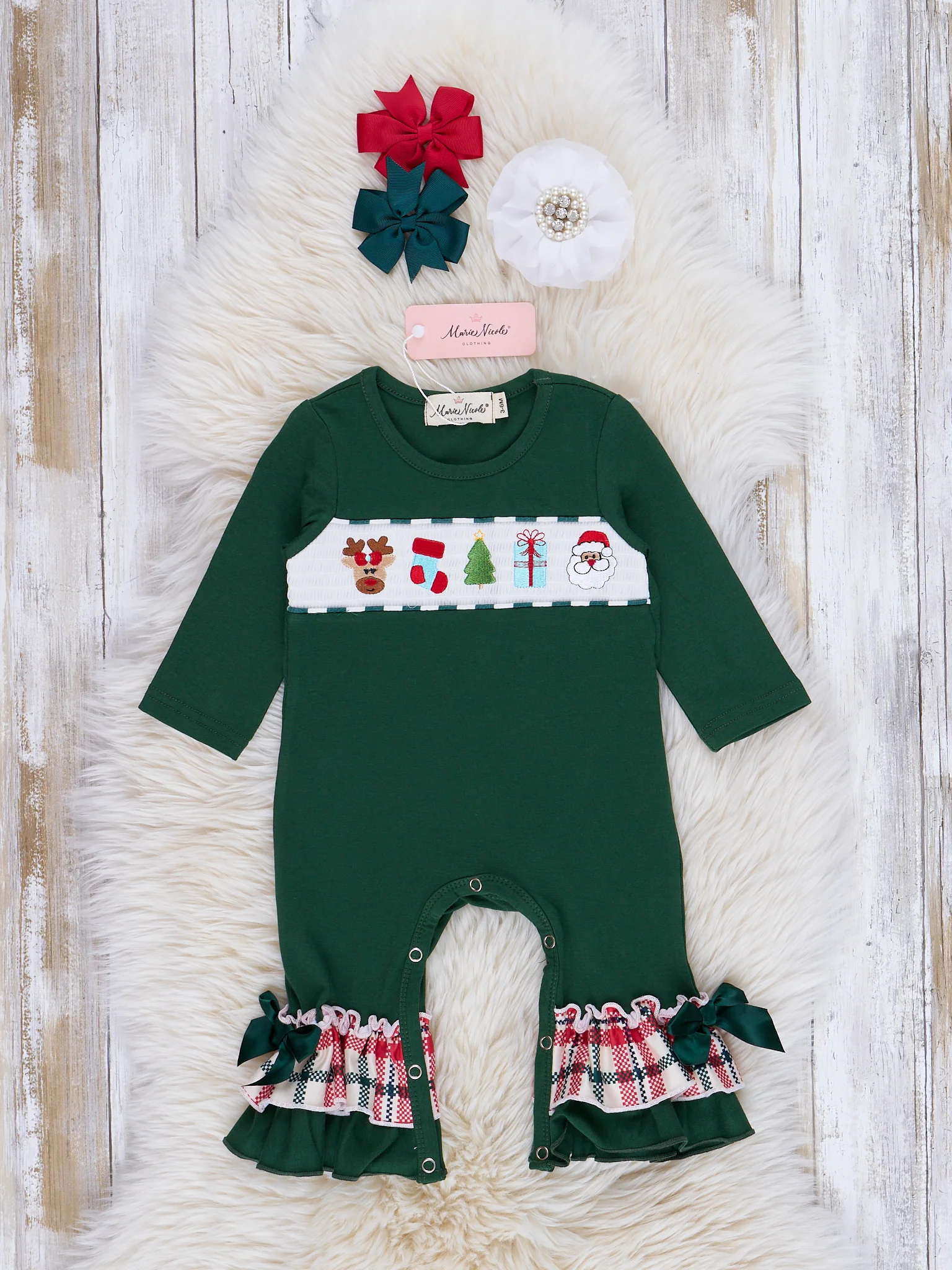 Hunter Green Smocked Holiday Plaid Ruffle Romper