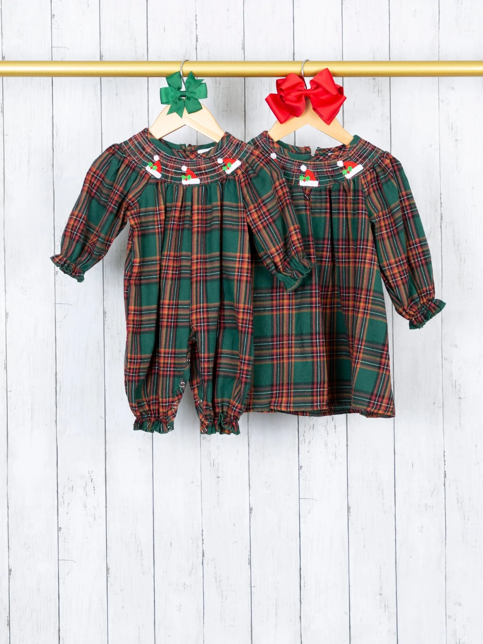 Hunter Green Smocked Plaid Santa Hat Dress - Image 2