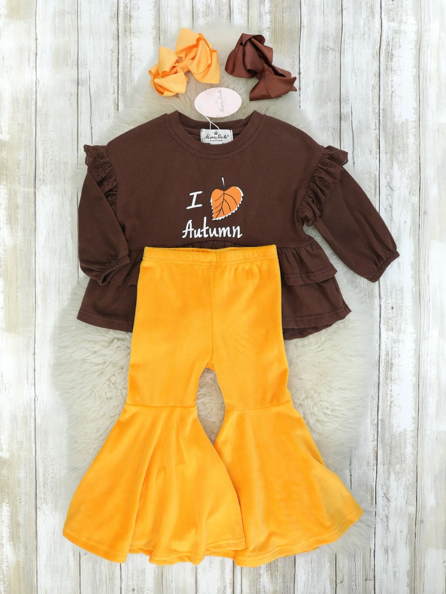 "I Love Autumn" Ruffle Top & Orange Velvet Bell Bottoms - Image 2