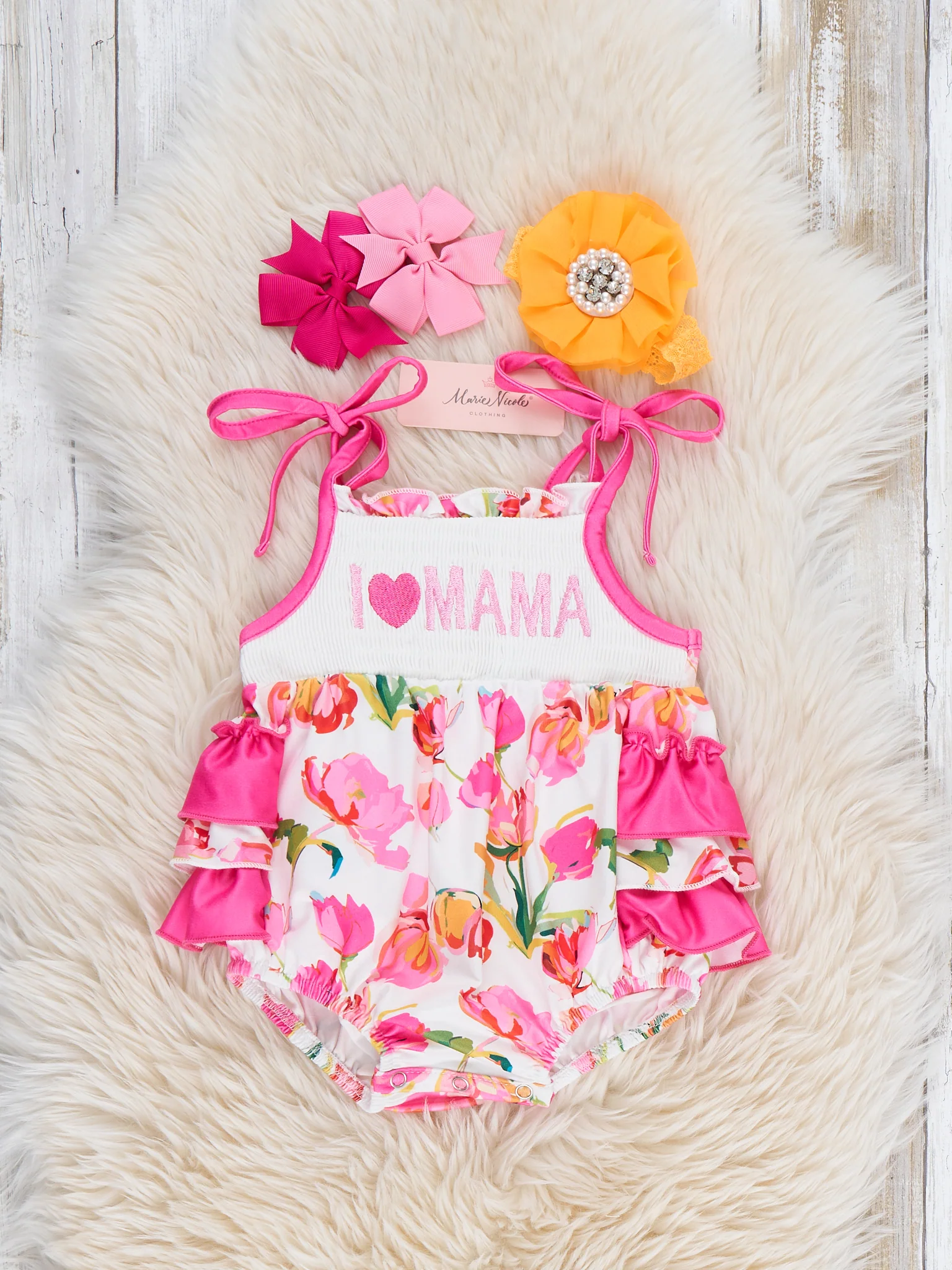 I Love MAMA Tulip Tiered Smocked Ruffle Bubble Romper