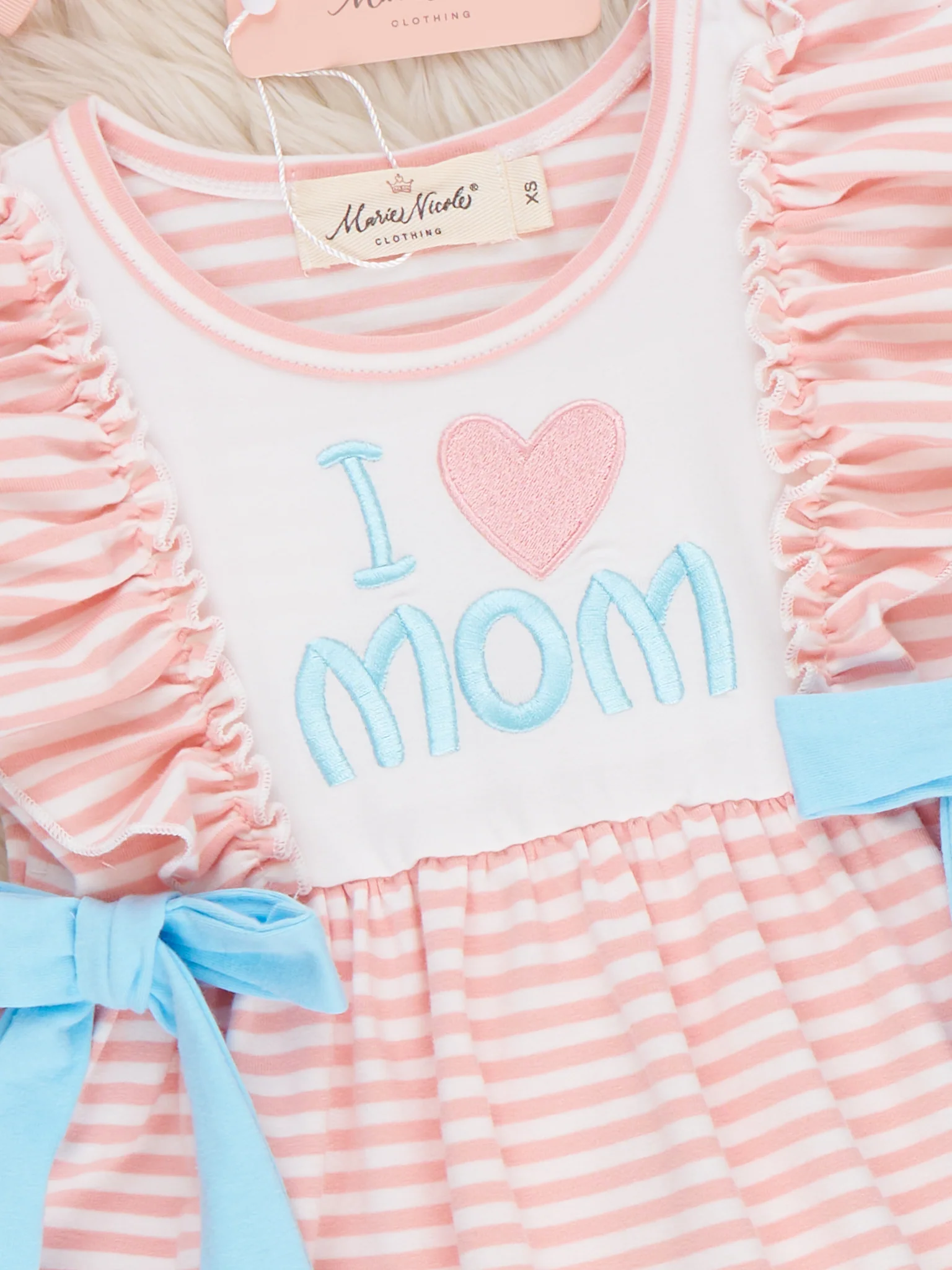 I Love MOM Stripe & Ruffle Embroidered Dress - Image 3