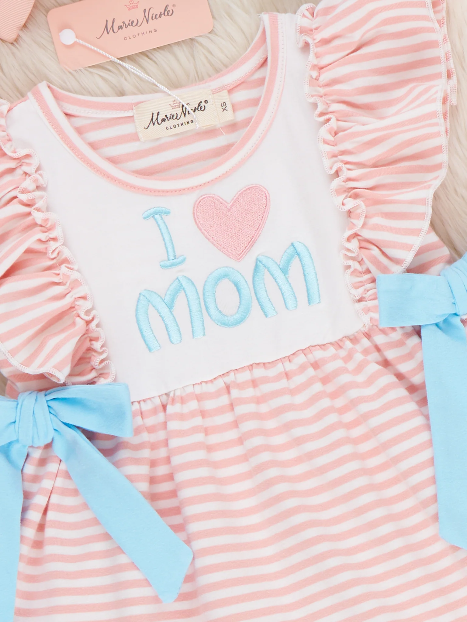 I Love MOM Stripe & Ruffle Embroidered Outfit - Image 3
