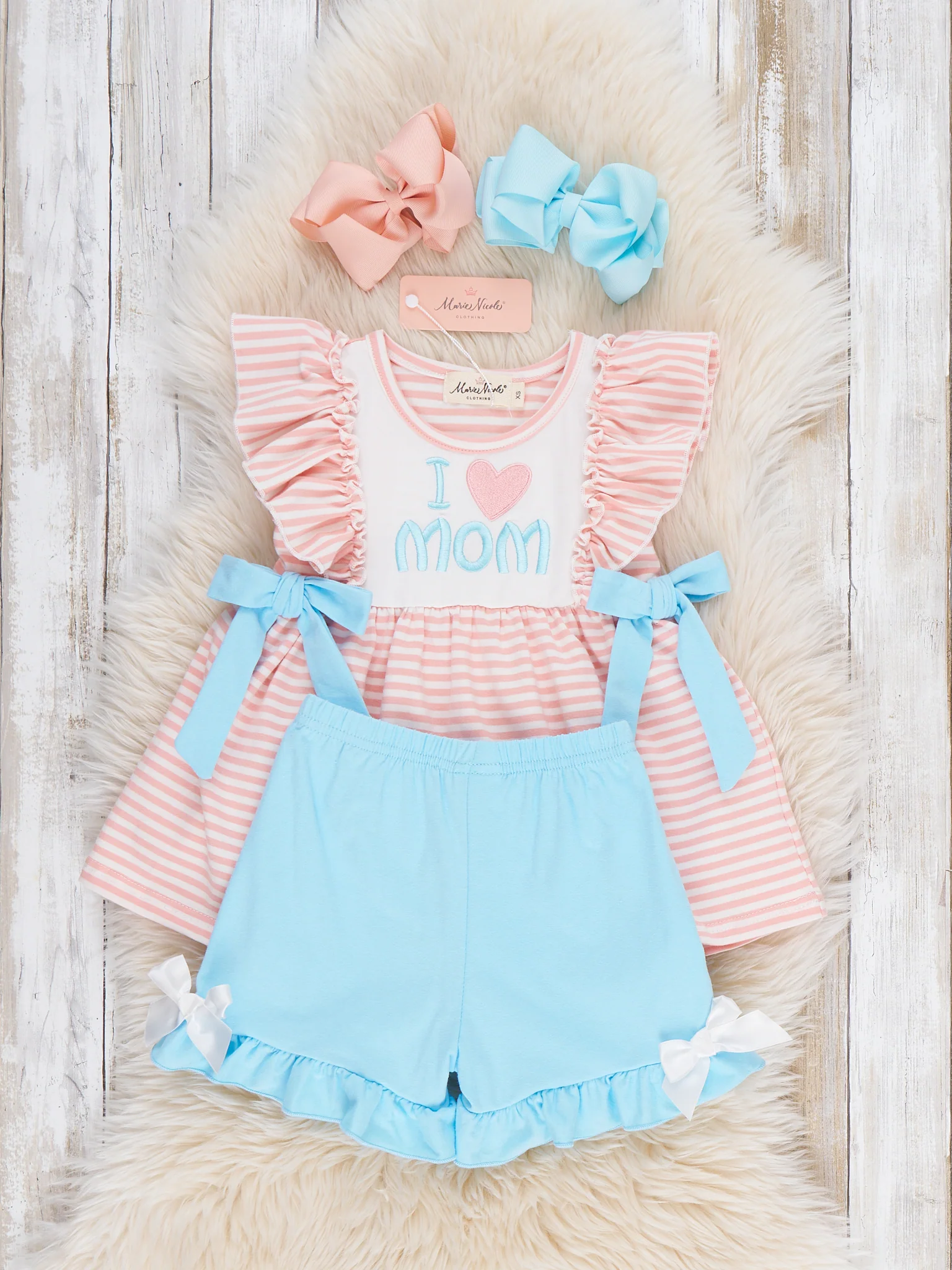 I Love MOM Stripe & Ruffle Embroidered Outfit - Image 4