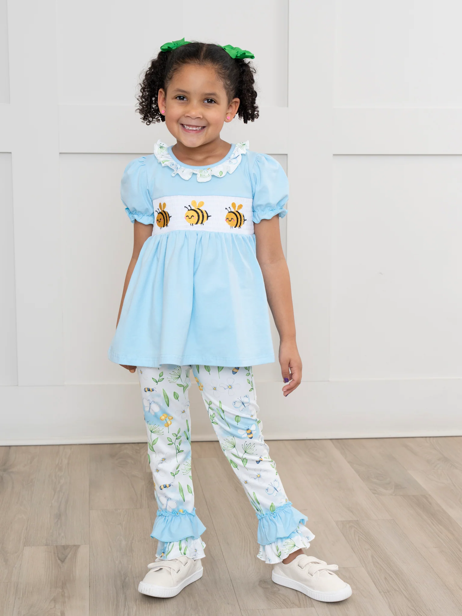Ice Blue Bumble Bee Smocked Ruffle Outfit
