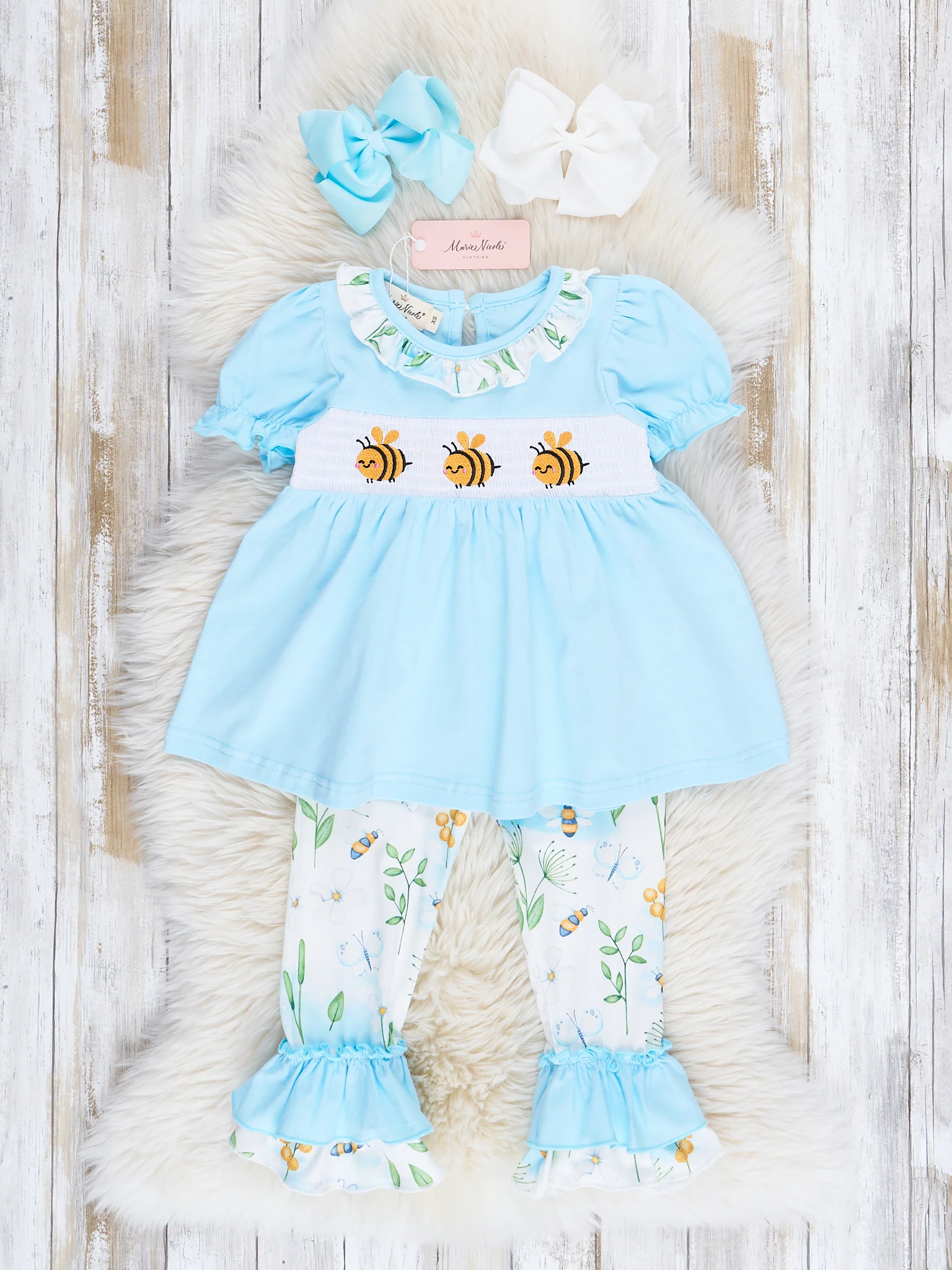 Ice Blue Bumble Bee Smocked Ruffle Outfit - Image 2
