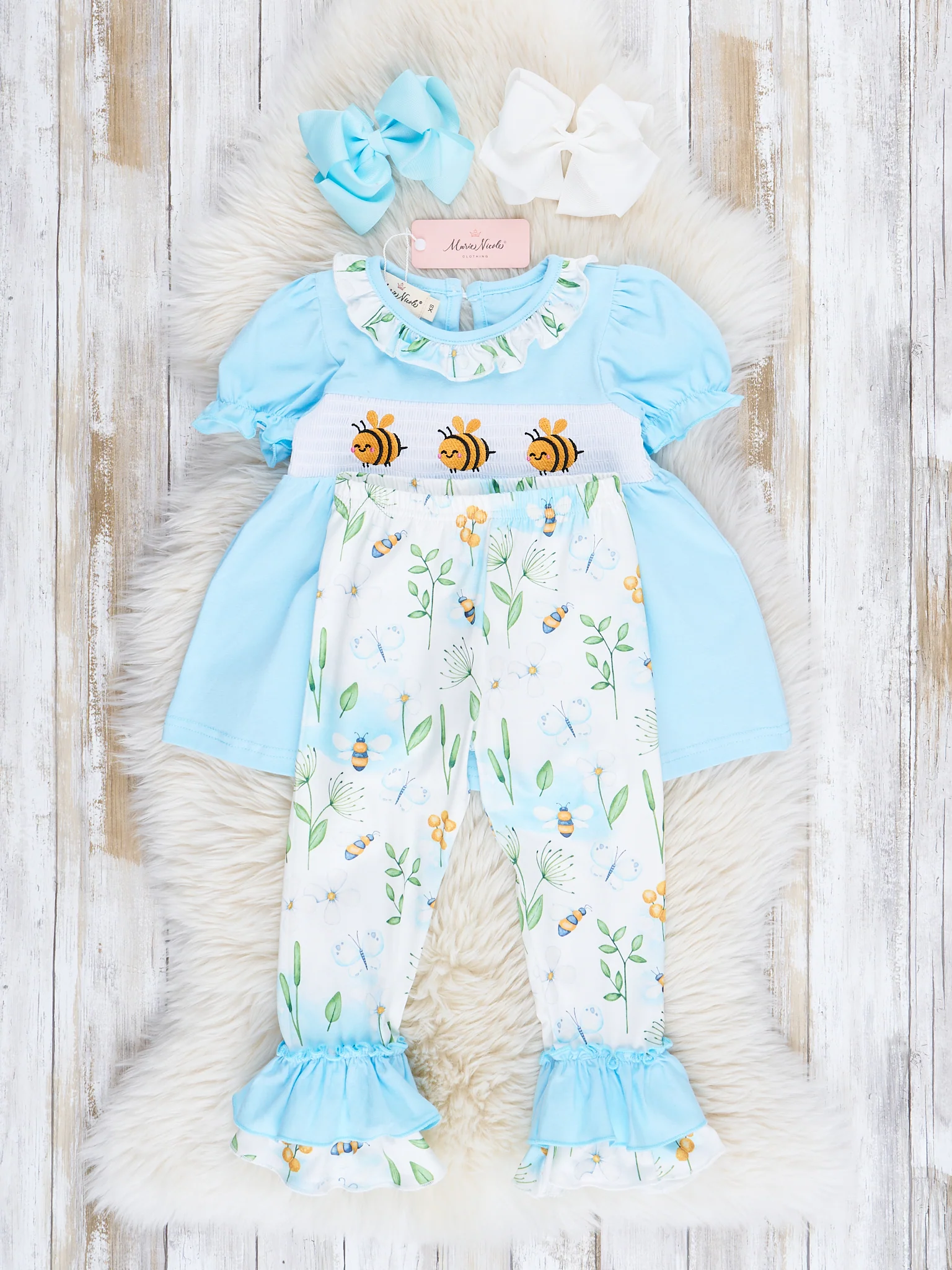 Ice Blue Bumble Bee Smocked Ruffle Outfit - Image 3