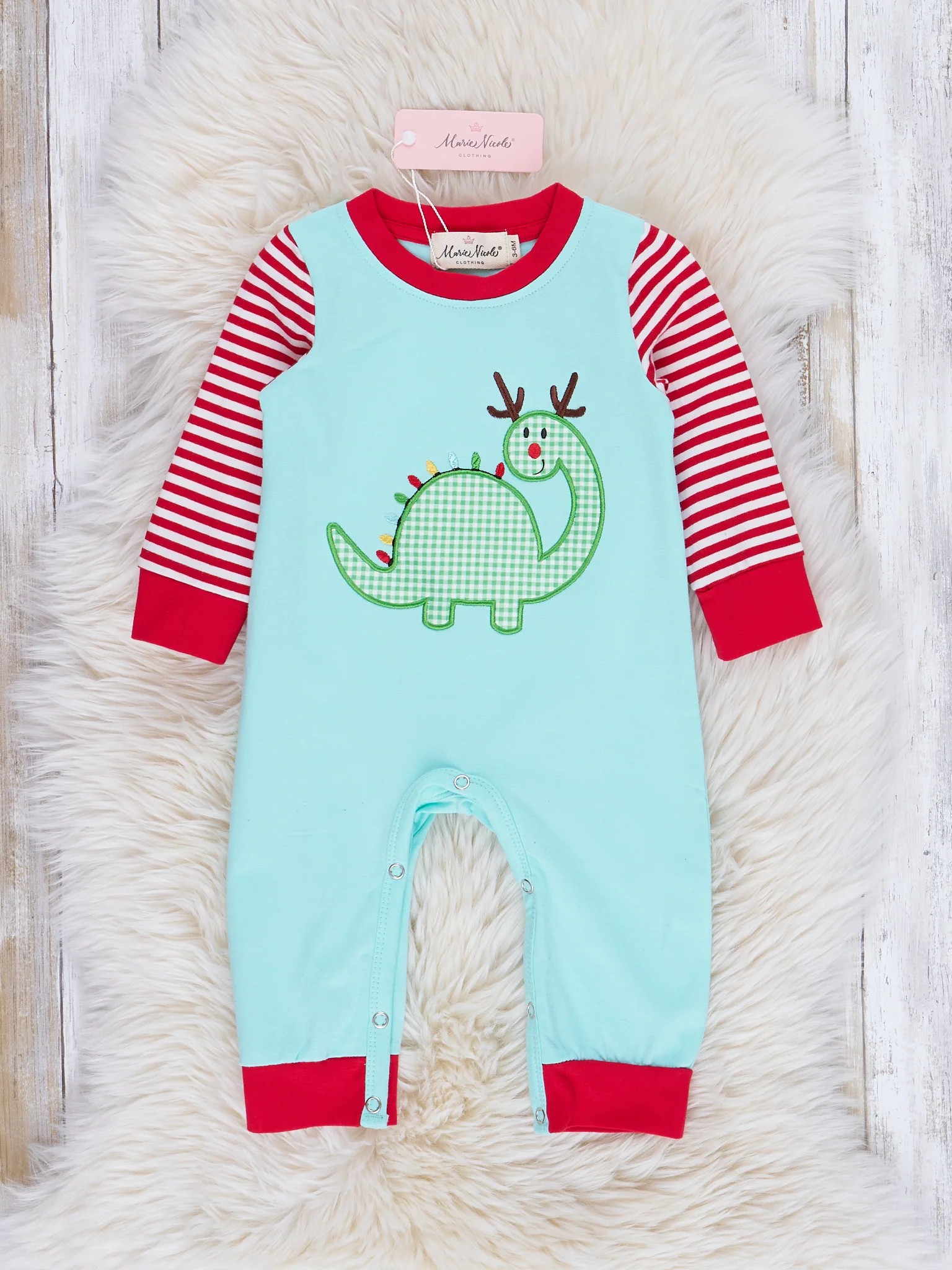 Ice Blue Embroidered Gingham Dino Raglan Romper