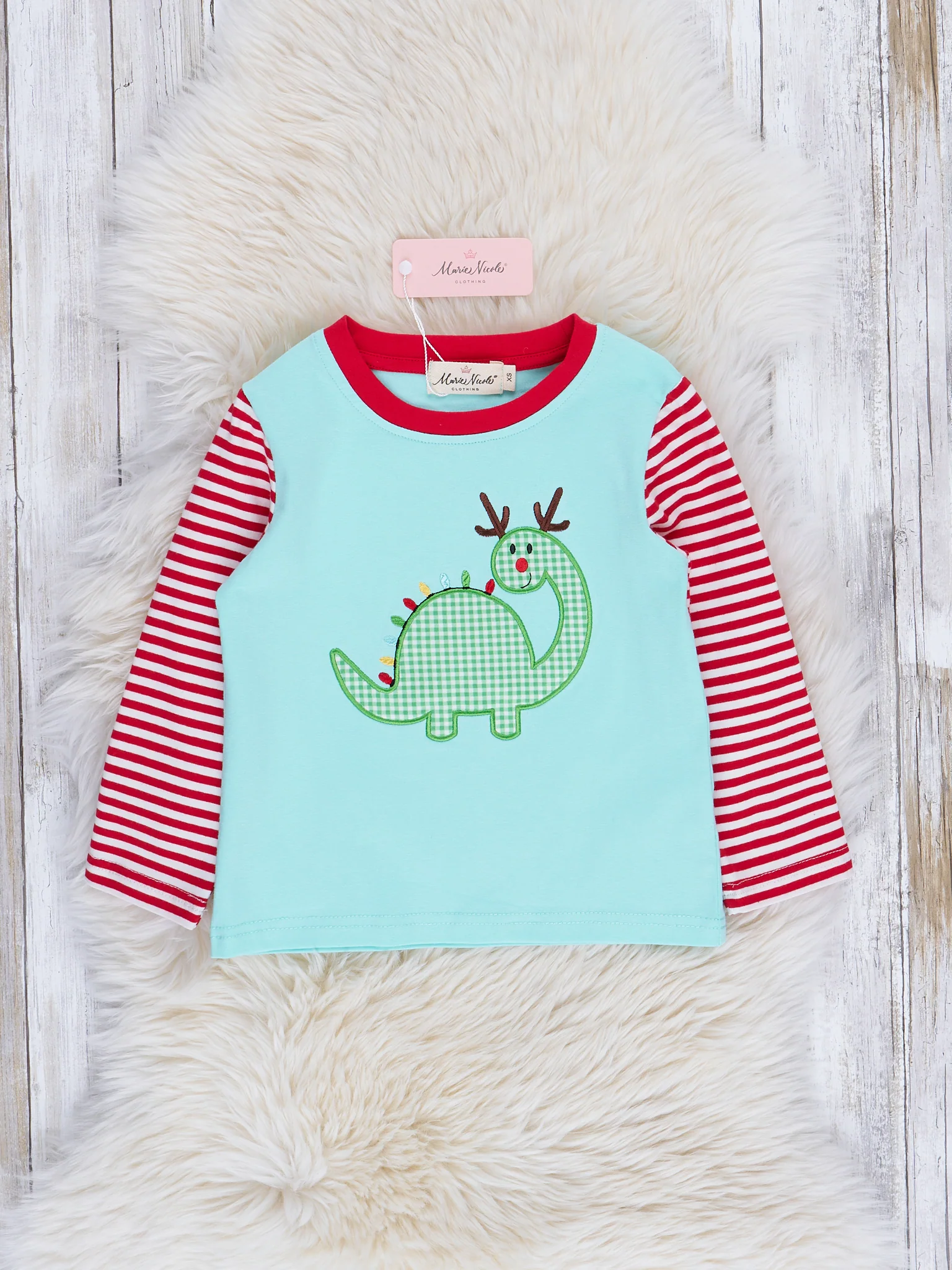 Ice Blue Embroidered Gingham Dino Raglan Shirt - Image 2